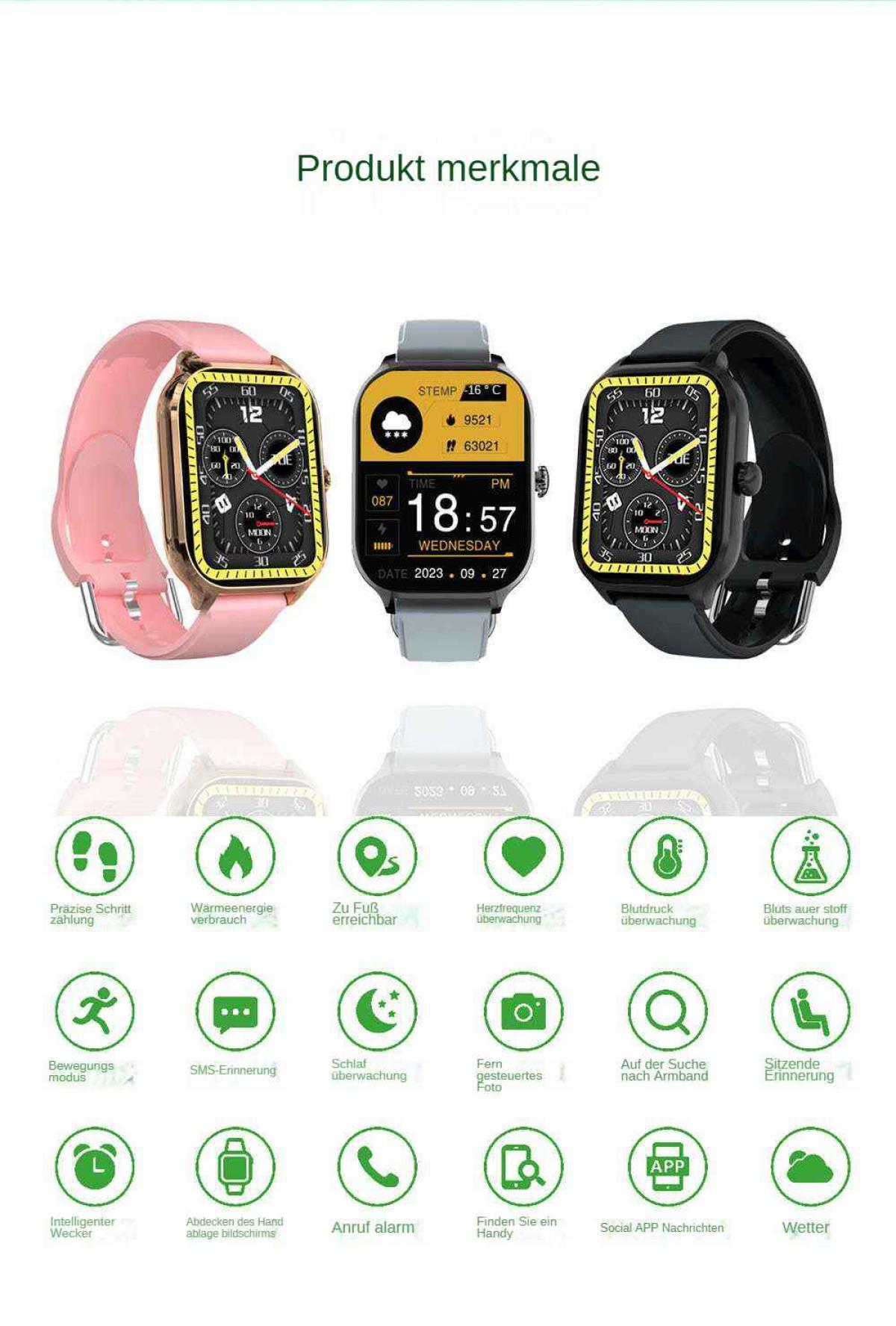 Das Bild zeigt drei Smartwatches mit verschiedenen Armbandfarben. Symbole unten zeigen Funktionen wie Herzfrequenz, Schritte und Schlaftracking.