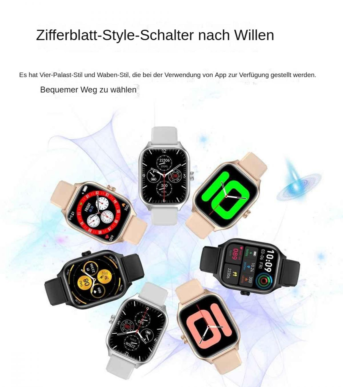Ein Werbebild mit sieben Smartwatches mit verschiedenen Anzeigestilen und -farben, die kreisförmig angeordnet sind.