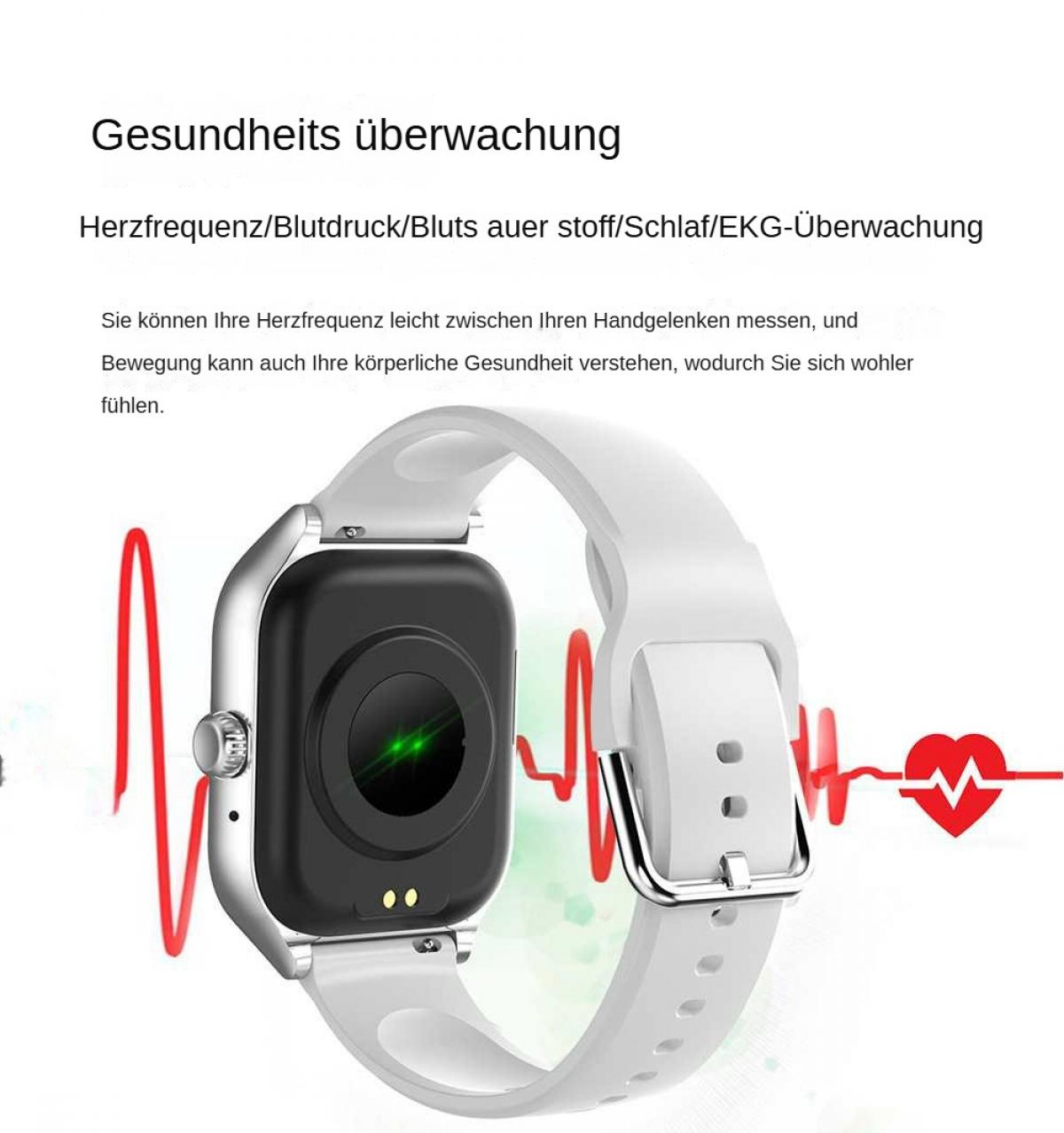 Eine weiße Smartwatch mit schwarzem Bildschirm wird angezeigt. Rote Linien stellen einen Herzschlag dar. Deutscher Text über Gesundheitsüberwachung ist sichtbar.