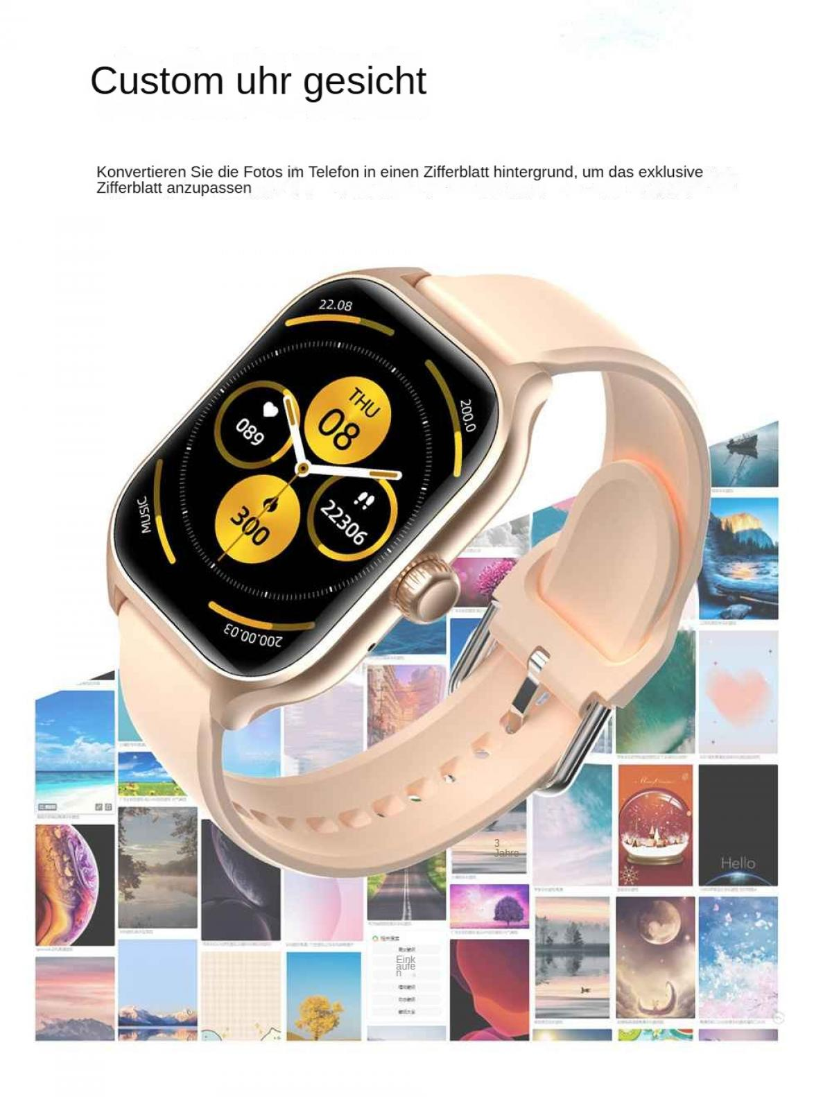 Eine beige Smartwatch zeigt Zeit und Daten an. Der Hintergrund zeigt verschiedene kleine Bilder. Text: Custom uhr gesicht und anderer deutscher Text.
