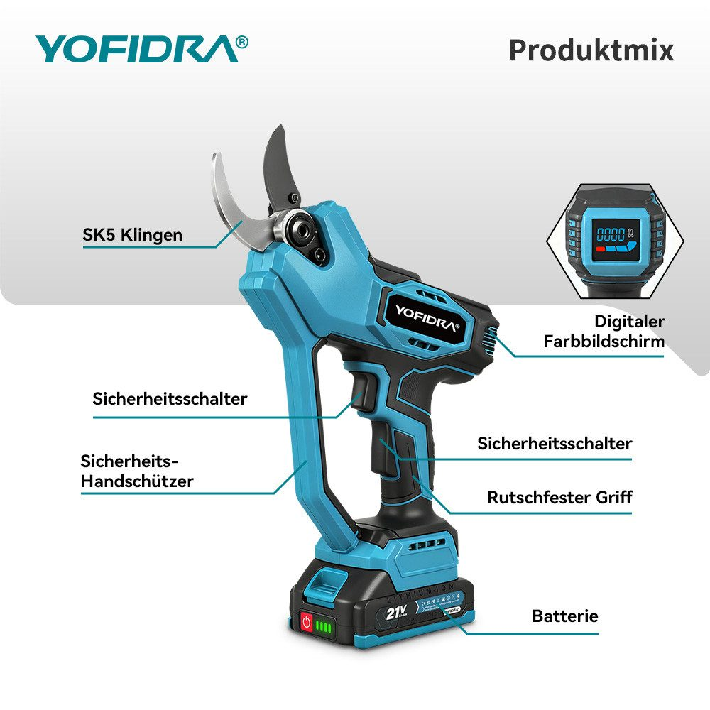Una podadora eléctrica Yofidra azul y negra con partes etiquetadas, incluyendo cuchillas, interruptor de seguridad y batería, sobre fondo blanco.
