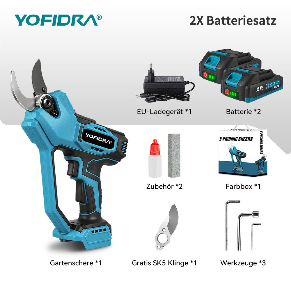 La imagen muestra un kit de podadora eléctrica con accesorios, baterías, cargador y herramientas sobre una superficie blanca.