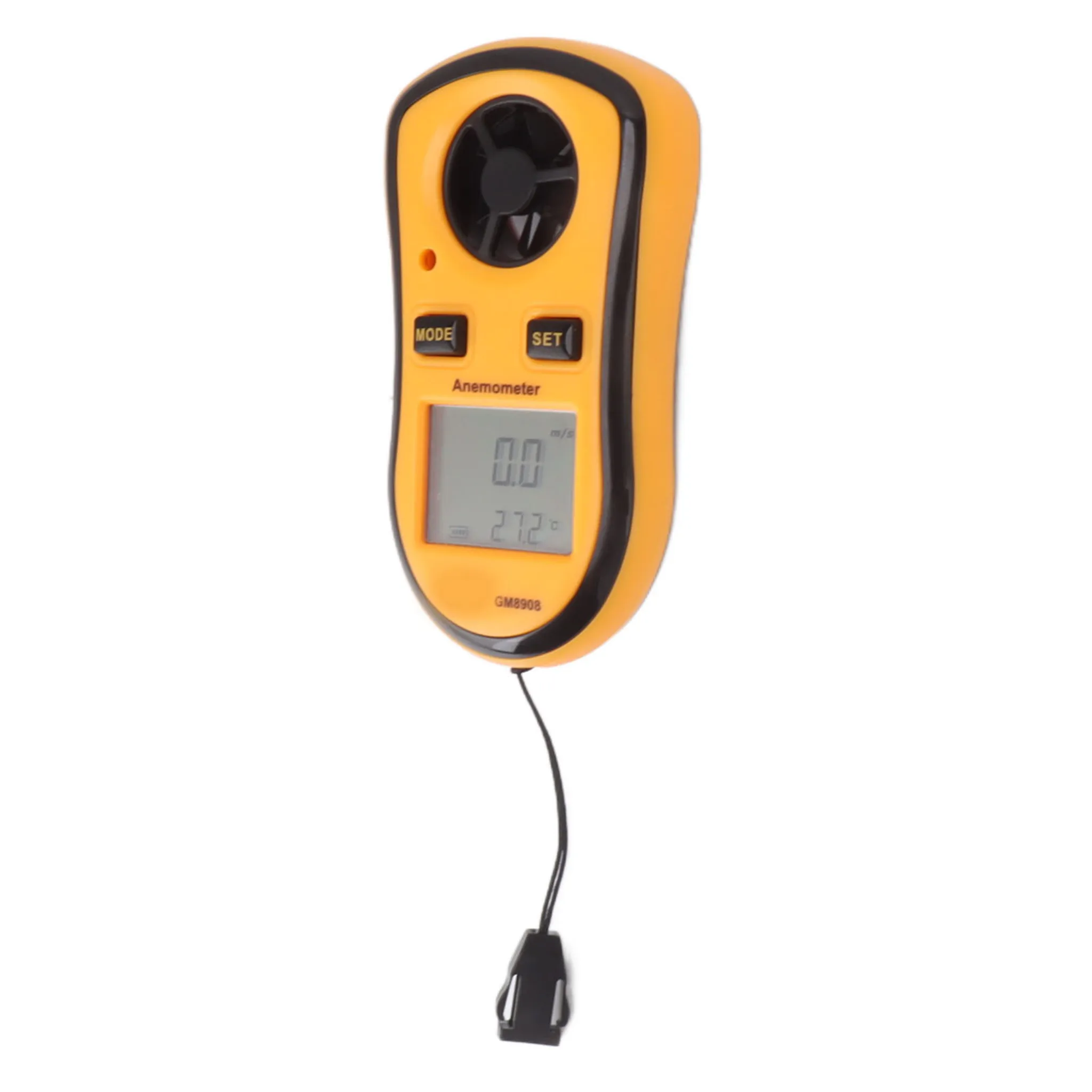 Anemometer auf weißem Hintergrund. Es ist gelb mit schwarzen Akzenten. Display zeigt 0,0 m/s und 27,2 °C. Schwarzer Riemen befestigt.