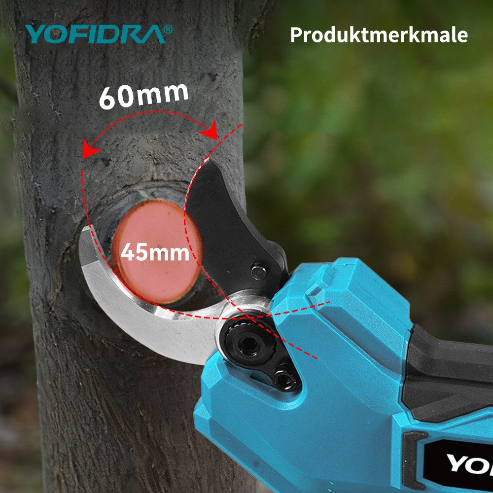 Una podadora cortando una rama de árbol. Se muestran medidas de 60 mm y 45 mm. La podadora es azul y negra.