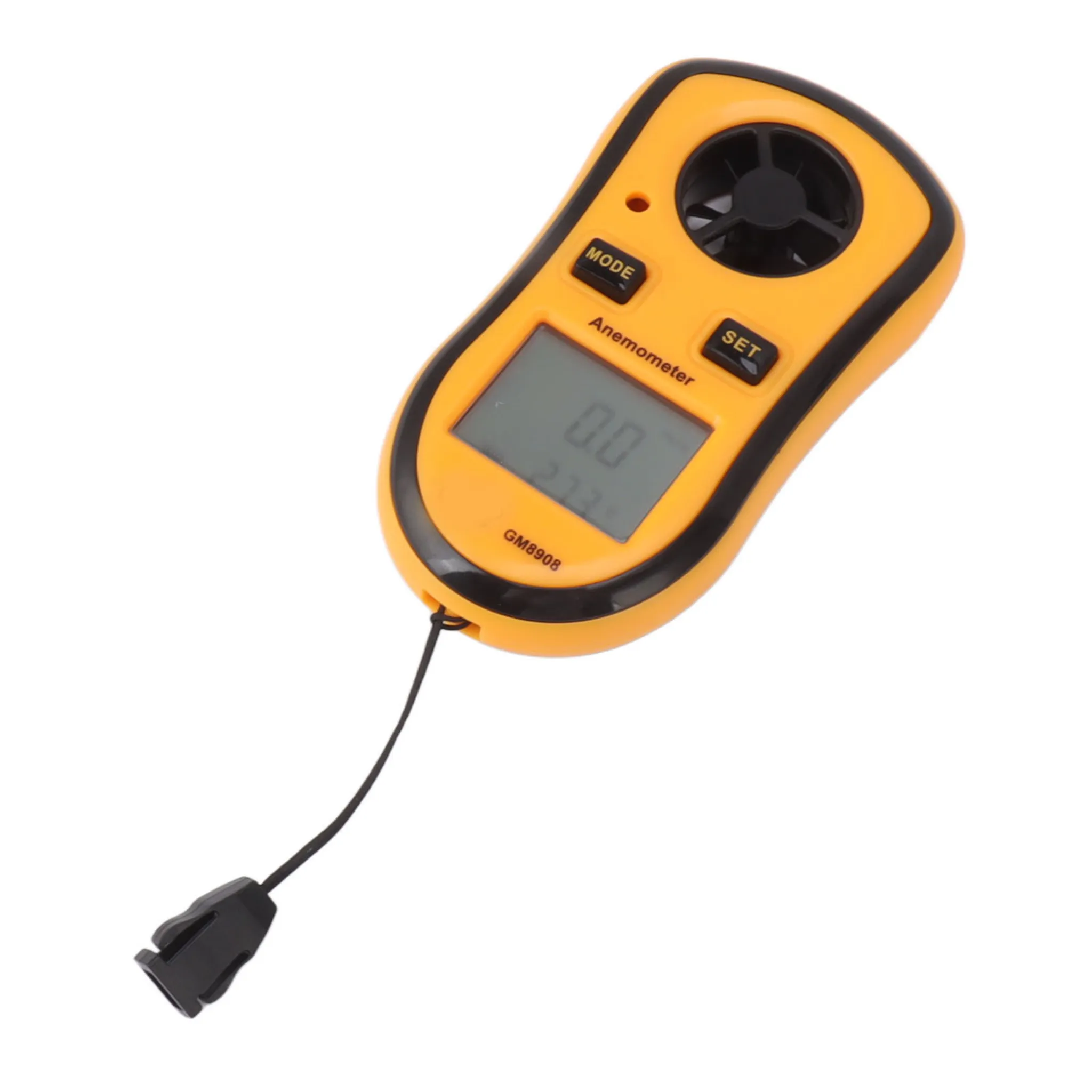 Gelbes Anemometer mit Digitalanzeige 0,0. Mit MODE- und SET-Tasten. Schwarzer Riemen befestigt.