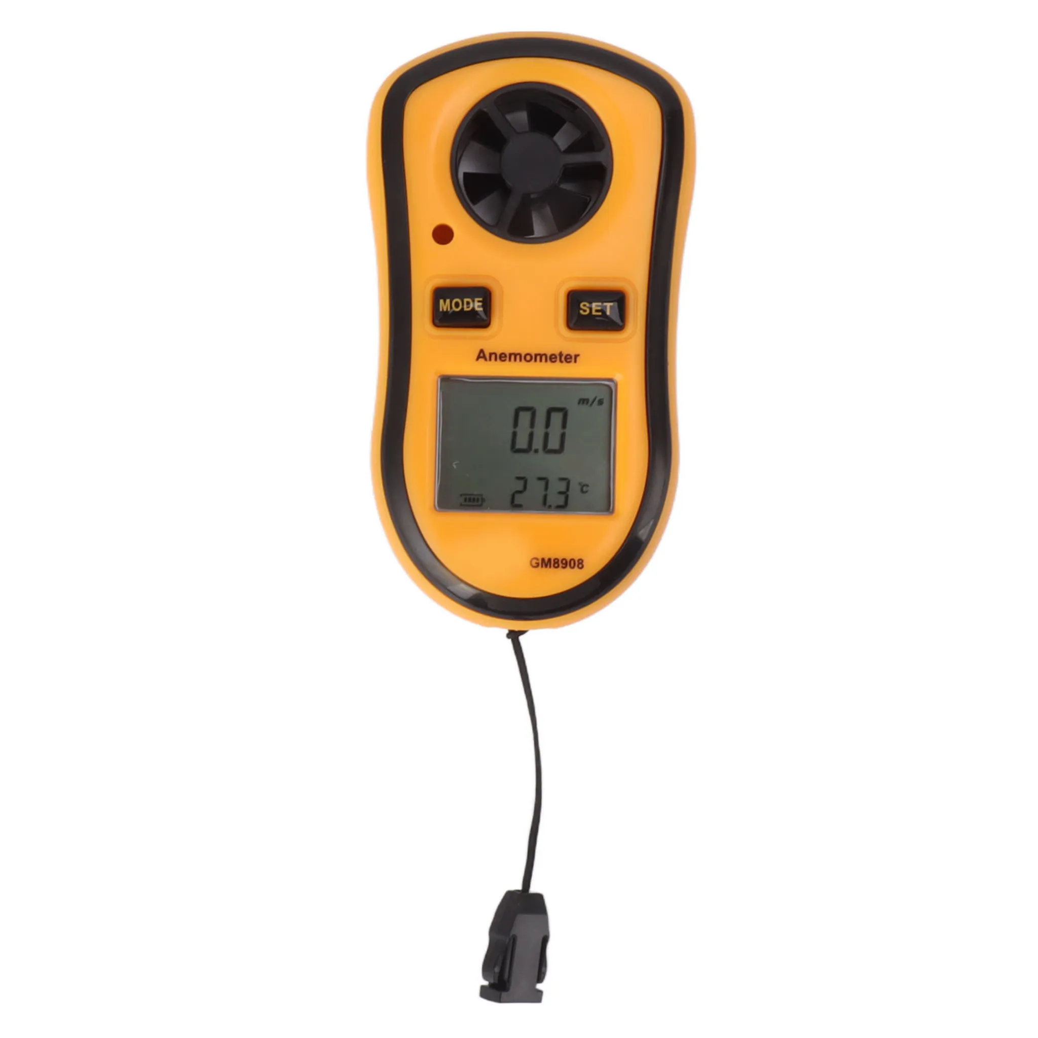 Anemometer mit Digitalanzeige, die 0,0 m/s und 27,3 °C anzeigt. Es ist gelb mit schwarzen Akzenten und einem schwarzen Riemen.