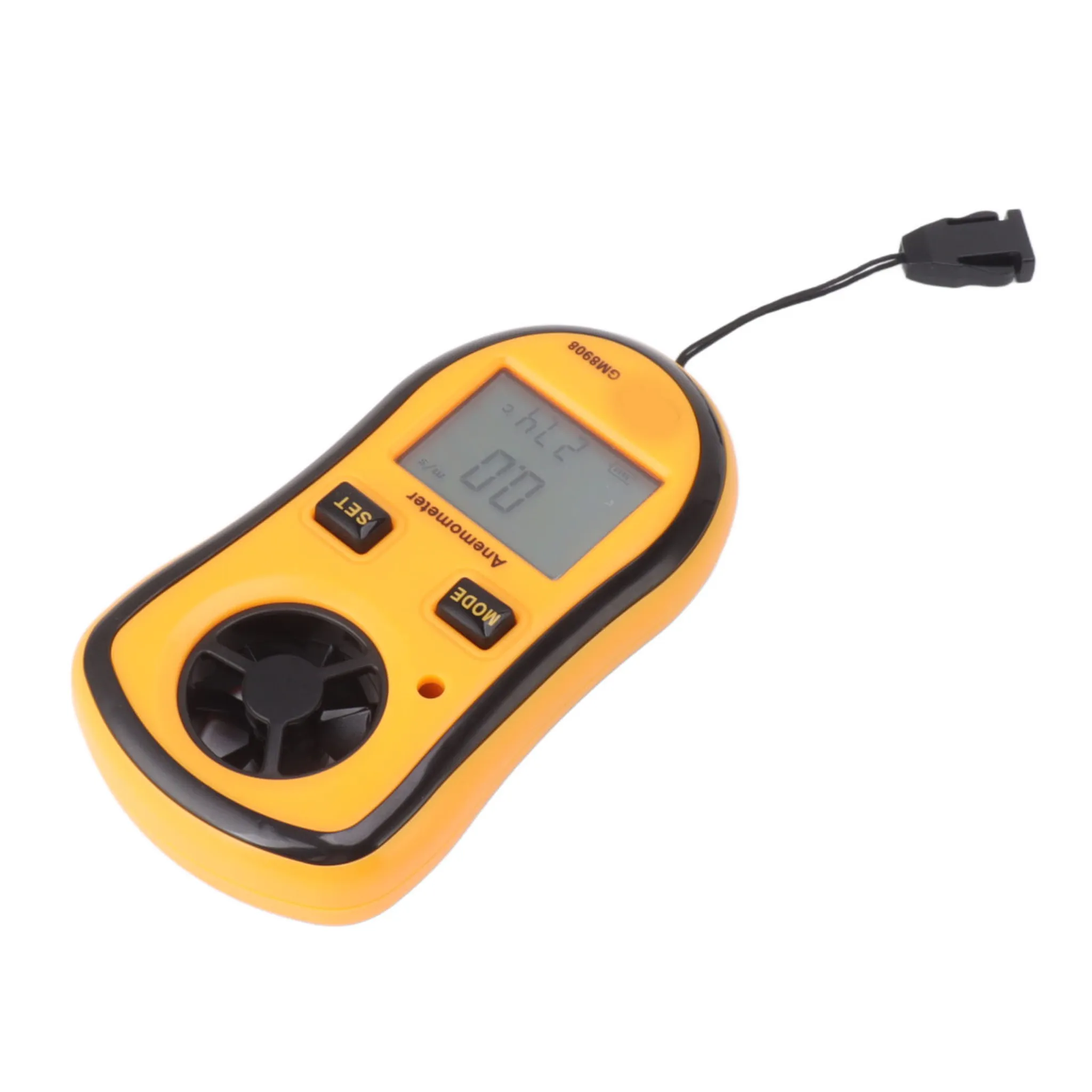 Anemometer, gelb und schwarz, zeigt Messwerte auf einem Bildschirm an. Tasten: SET, MODE. Schwarze, fächerartige Komponente unten.