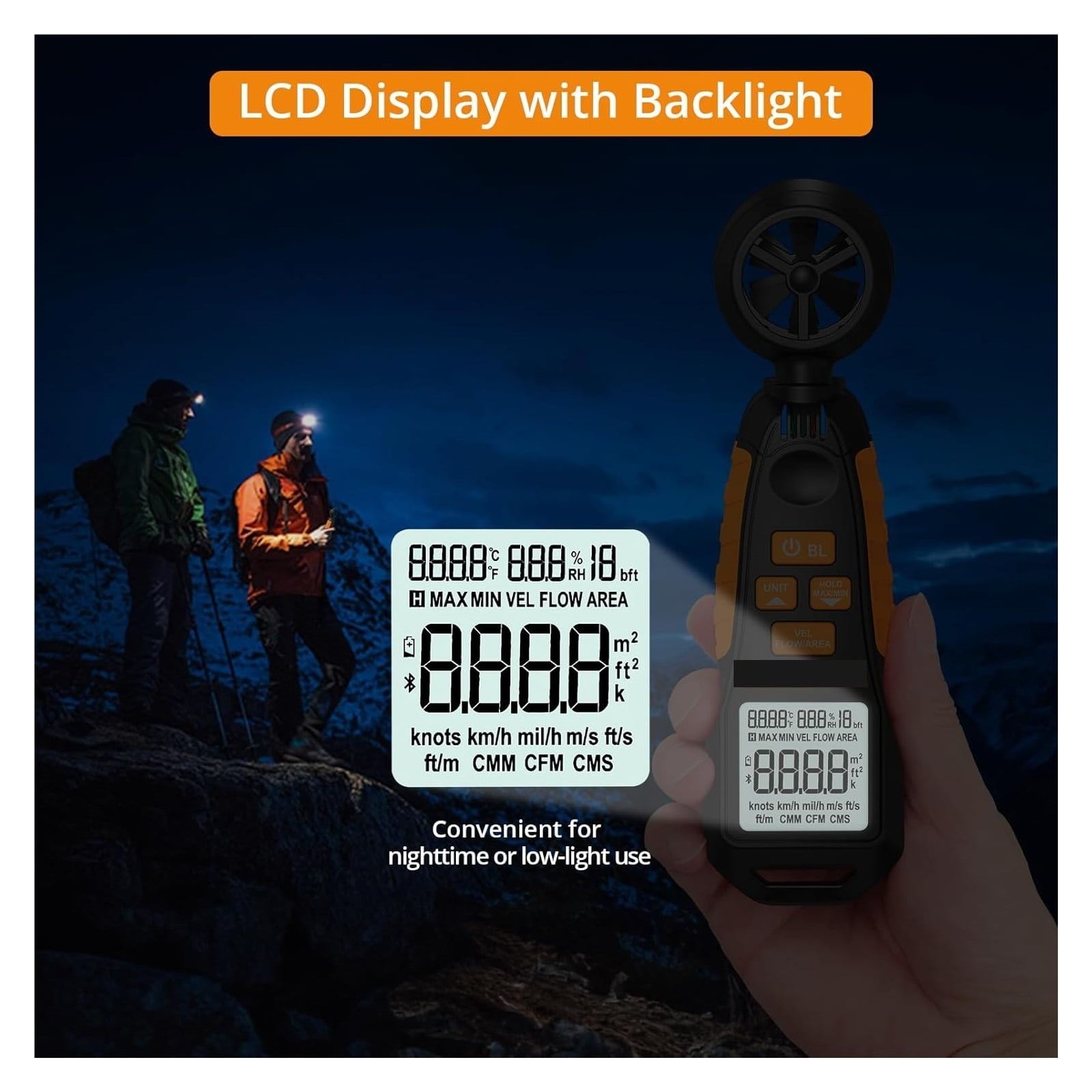 Anemometer mit Digitalanzeige. Zwei Personen mit Stirnlampen im Hintergrund. LCD-Anzeige zeigt Messwerte, orange und schwarz.