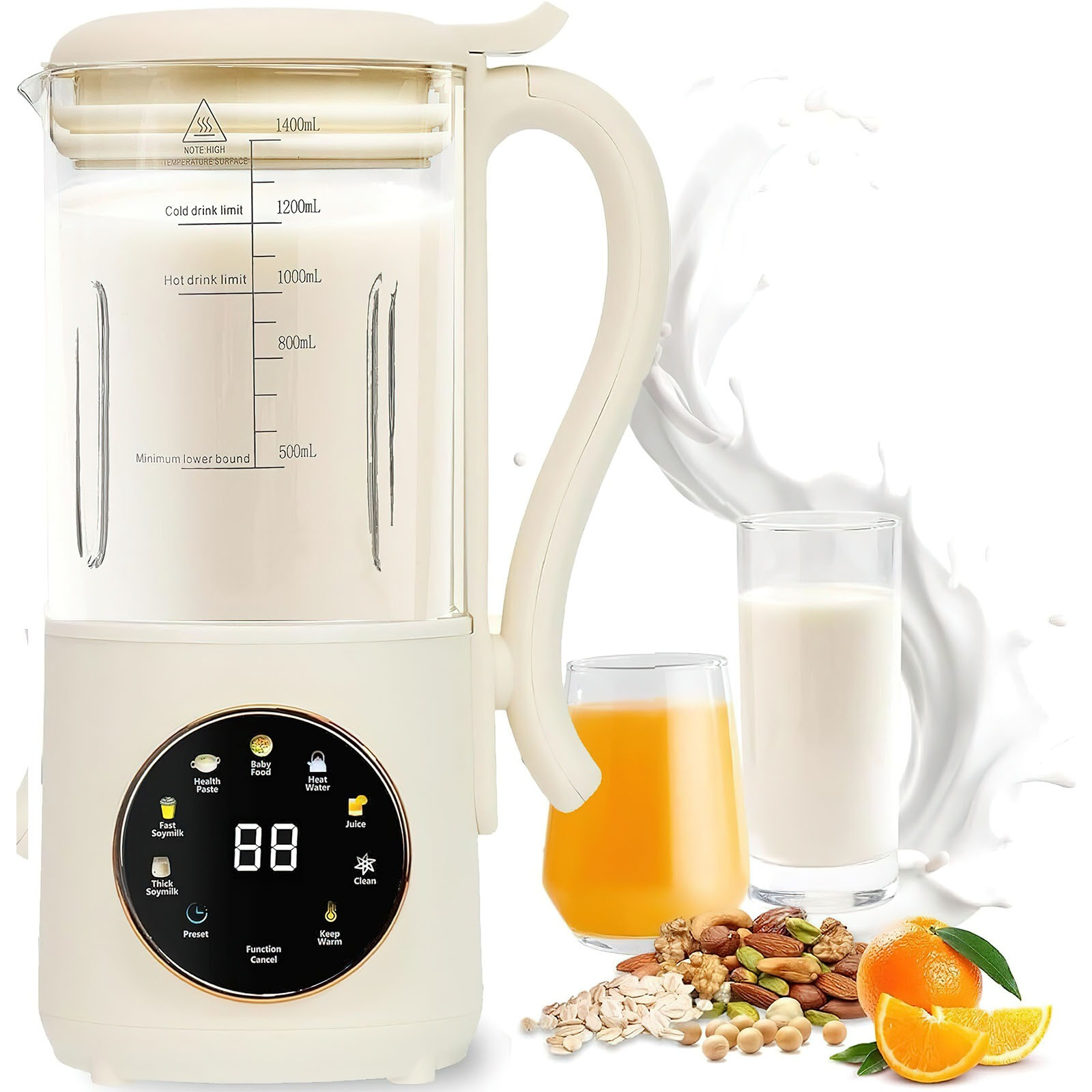 Ein cremefarbener Sojamilchbereiter mit Milch, Saft, Früchten und Nüssen. Das Display zeigt Einstellungen.