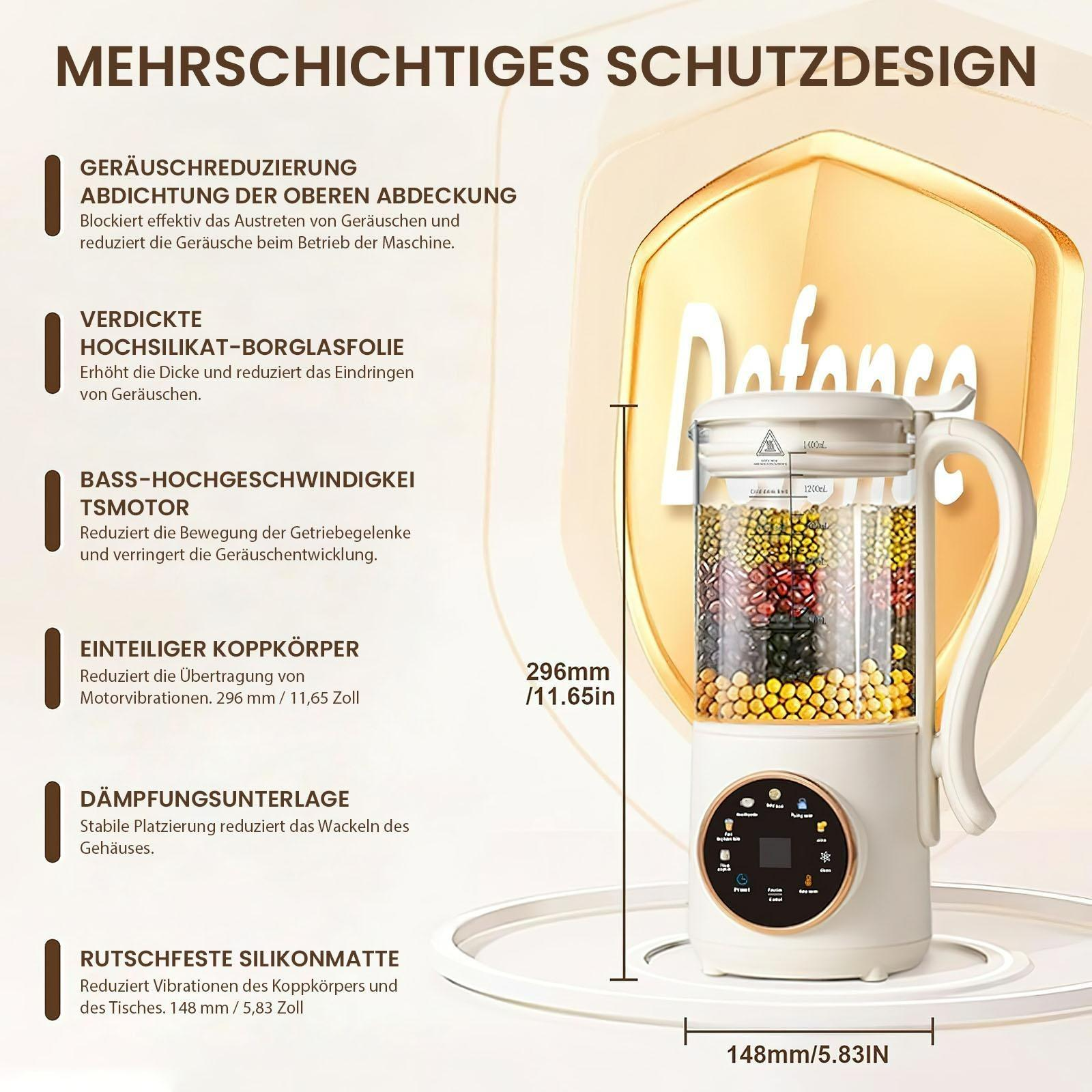Ein weißes und goldenes Gerät mit einem Glasbehälter, der mit Bohnen gefüllt ist. Es hat einen Griff und ein Bedienfeld mit Tasten.
