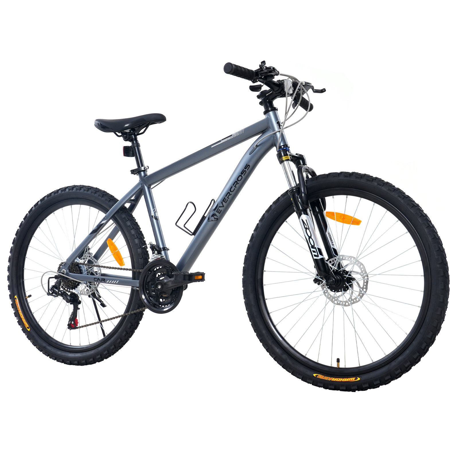 Graues Evercross-Mountainbike isoliert auf Weiß. Es hat schwarze Reifen, Sitz und Lenker. Orangefarbene Reflektoren sind sichtbar.