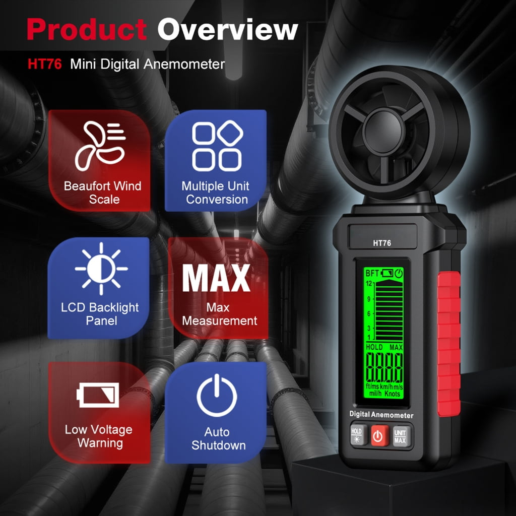 Schwarzes digitales Anemometer mit Display. Merkmale sind Windskala, Einheitenumrechnung, LCD-Panel, Maximalmessung und automatische Abschaltung.