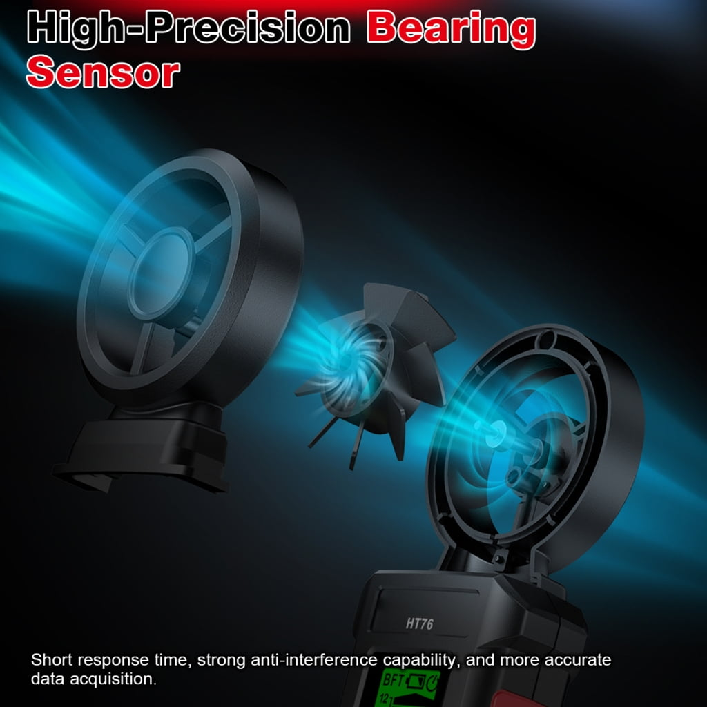 Das Bild zeigt einen schwarzen Sensor mit einer fächerartigen Struktur. Es hat blaue Lichteffekte, mit Text oben 'High-Precision Bearing Sensor'.