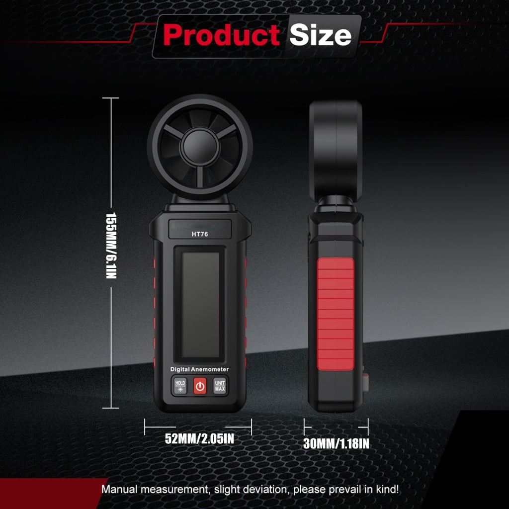 Ein digitales Anemometer, schwarz und rot, mit beschrifteten Abmessungen. Es zeigt die Produktgröße mit einem fächerartigen Oberteil und einem Bildschirm.