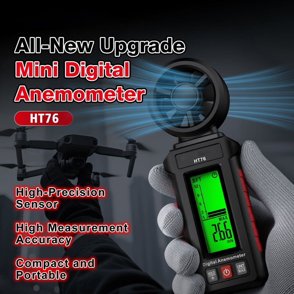 Eine Hand hält ein digitales Anemometer, das 26,6 m/s anzeigt. Eine Drohne ist im Hintergrund. Text hebt Funktionen hervor.