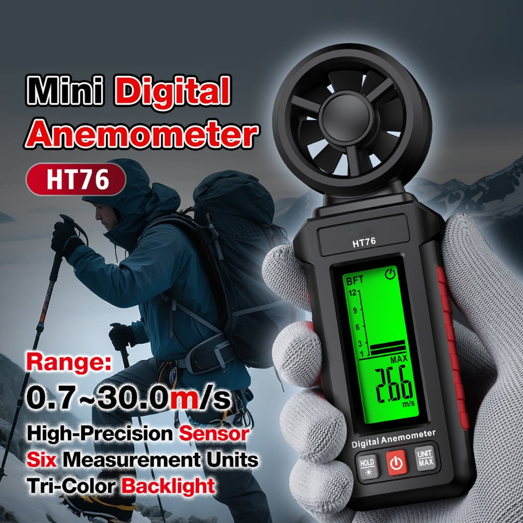 Eine Hand hält ein digitales Anemometer mit 26,6 m/s. Im Hintergrund ein Wanderer. Produktdetails werden links angezeigt.