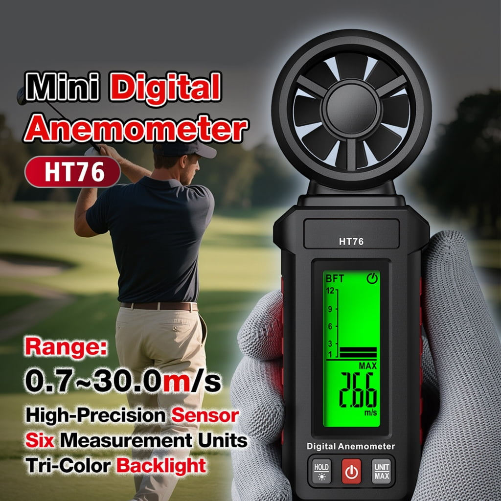 Ein Mann schwingt einen Golfschläger. Ein digitales Anemometer zeigt Messwerte. Textdetails Bereich, Sensor, Einheiten und Hintergrundbeleuchtung.