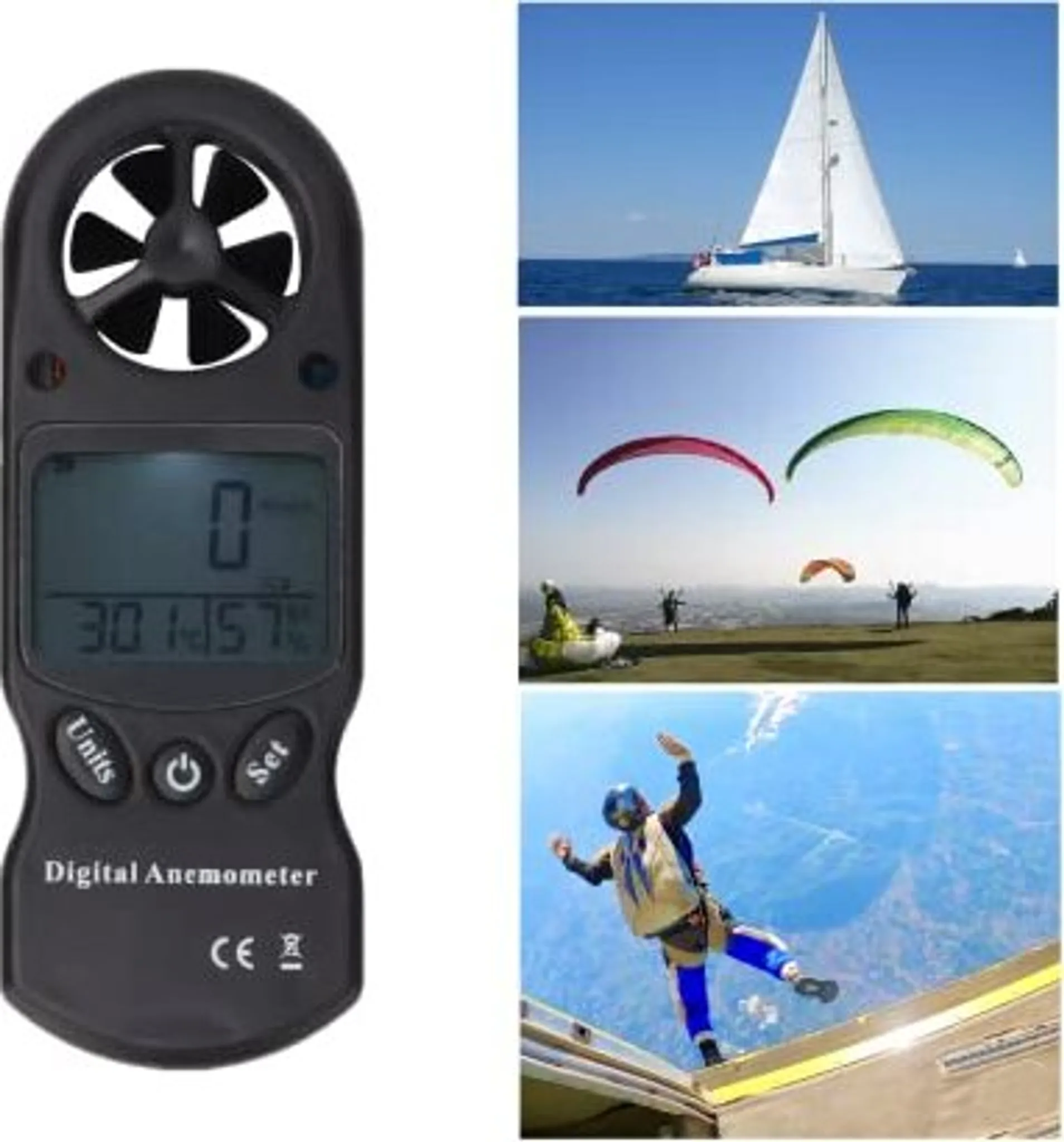 Das Bild zeigt ein Anemometer, ein Segelboot auf dem Wasser, Gleitschirme und eine Person, die aus einem Flugzeug springt.