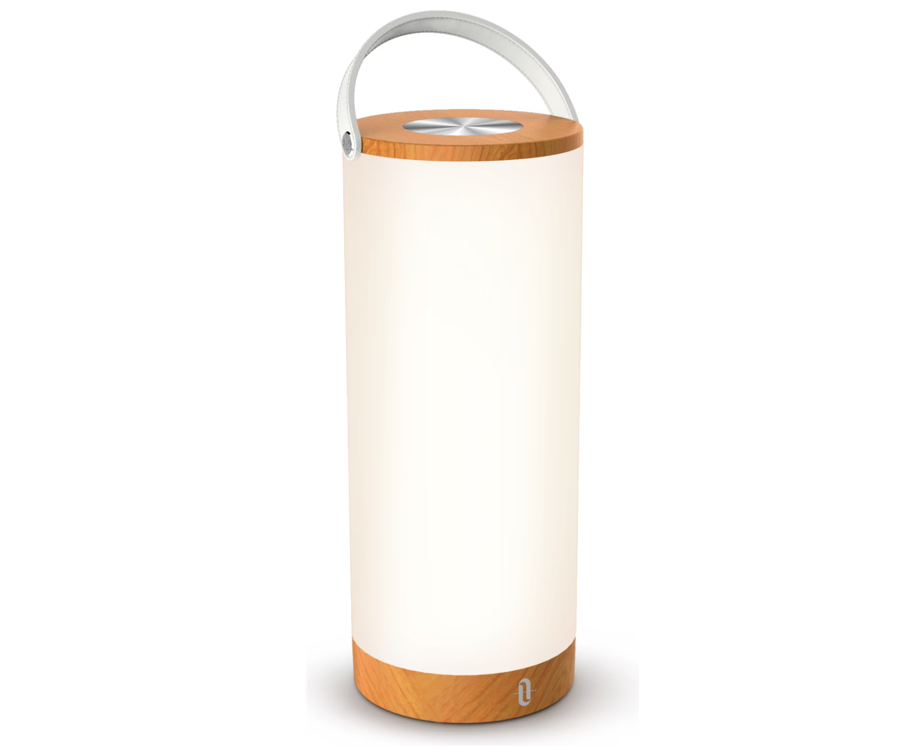 Eine zylindrische Lampe mit Holzsockel und -oberteil. Sie hat ein weißes Licht und einen Griff.