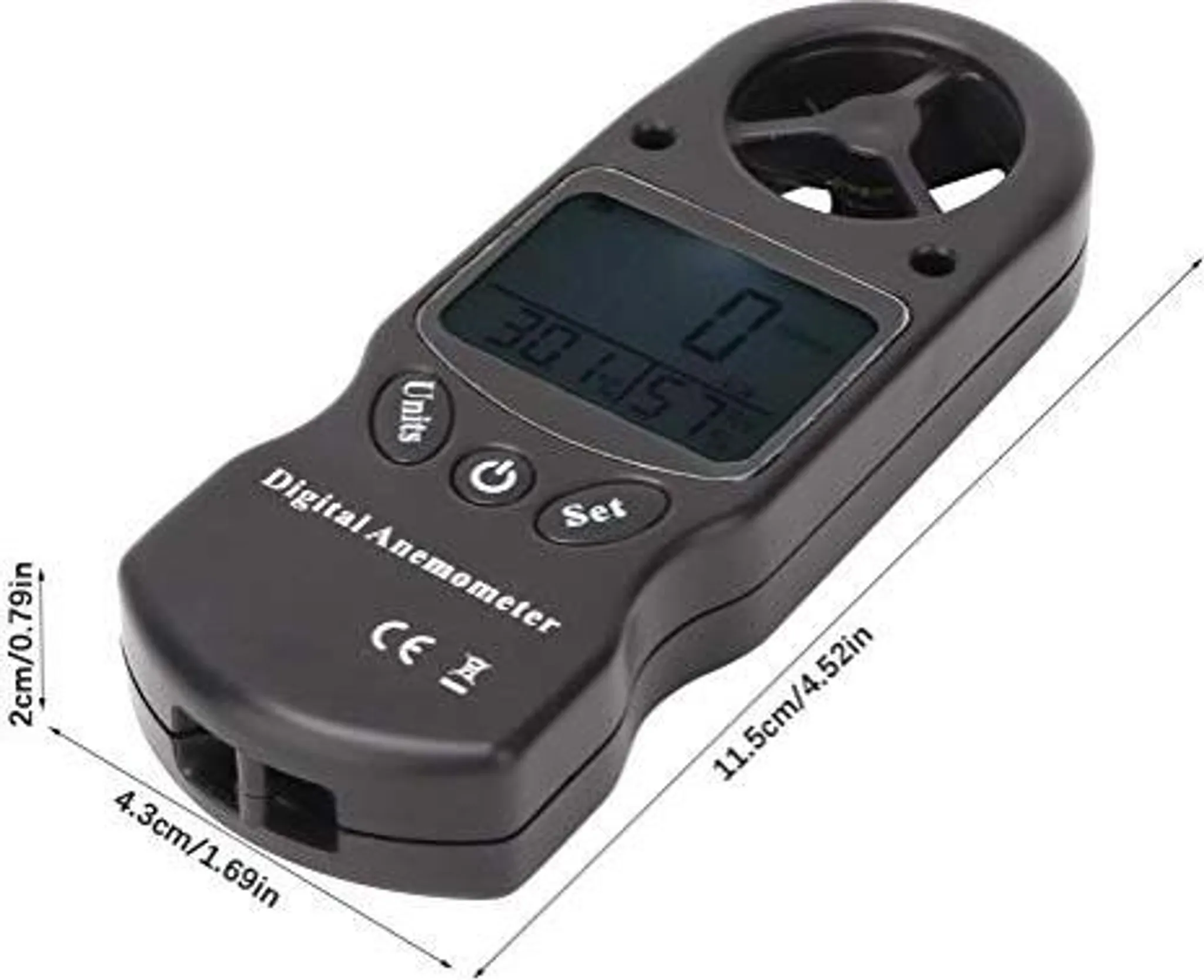 Ein schwarzes digitales Anemometer mit Display. Es hat Knöpfe und einen sich drehenden Becher.
