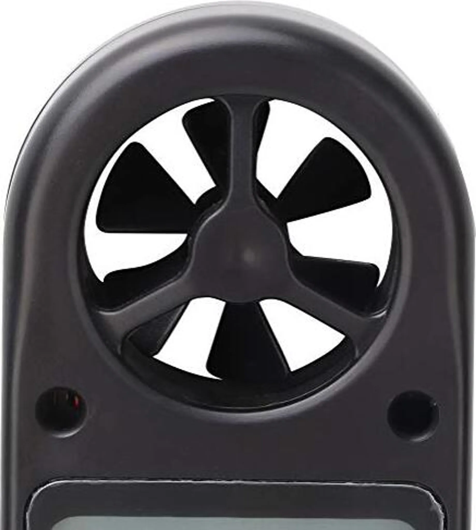 Nahaufnahme eines schwarzen Anemometers mit einem Lüfter und einer Digitalanzeige. Der Lüfter hat fünf Flügel.