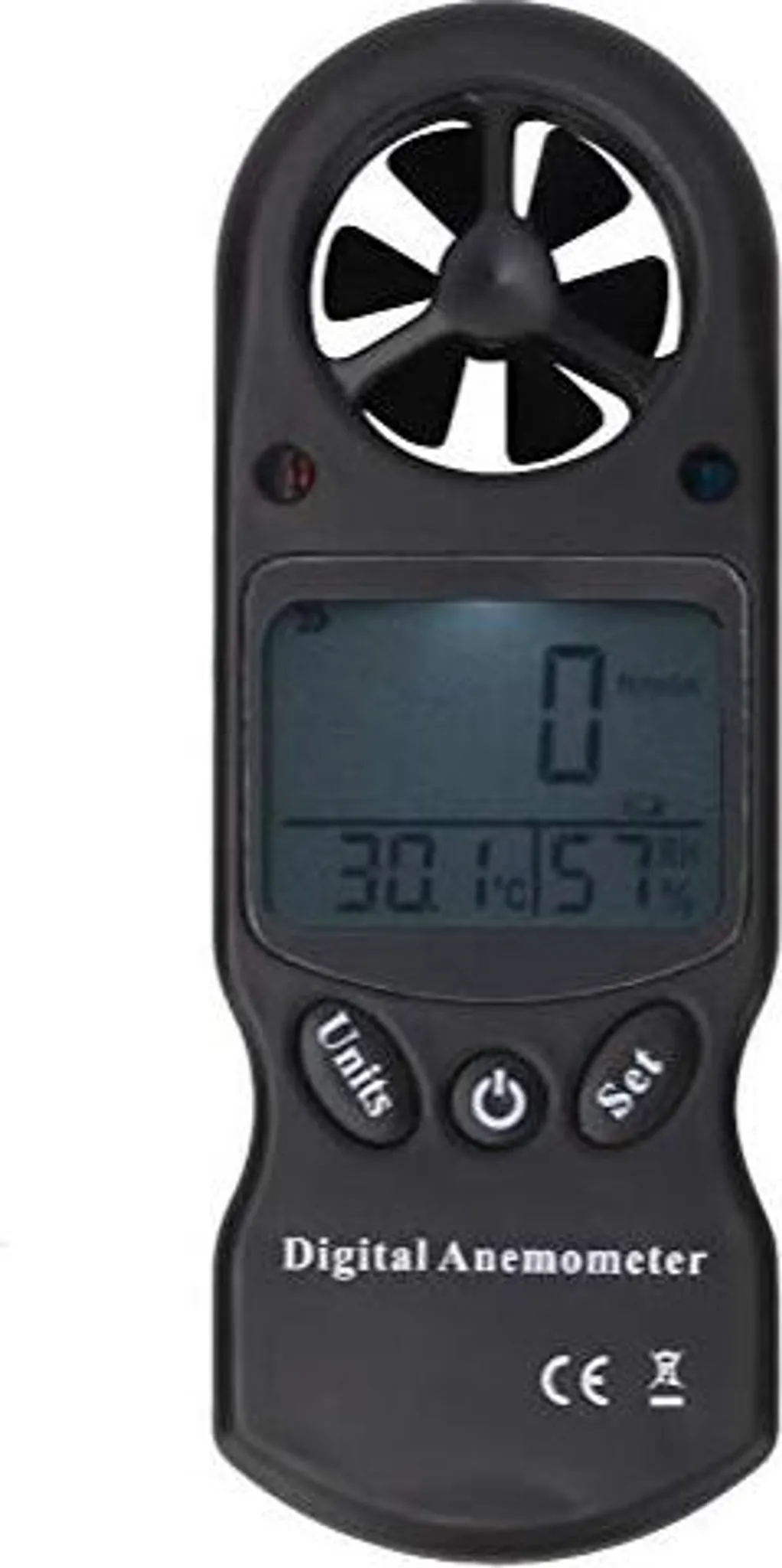 Ein schwarzes digitales Anemometer mit Anzeige von Zahlen. Es hat einen Ventilator oben. Tasten sind Einheiten und Einstellen.