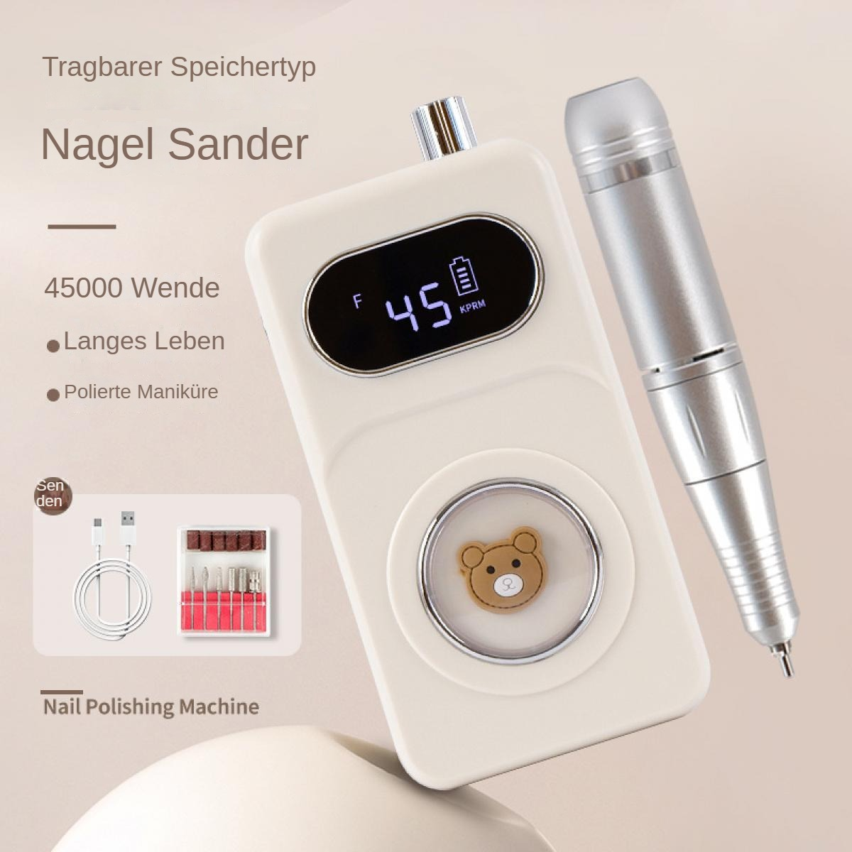Nagelpoliermaschine mit Digitalanzeige (45 KPRM), silberner Bohrmaschine und Teddybär-Design.