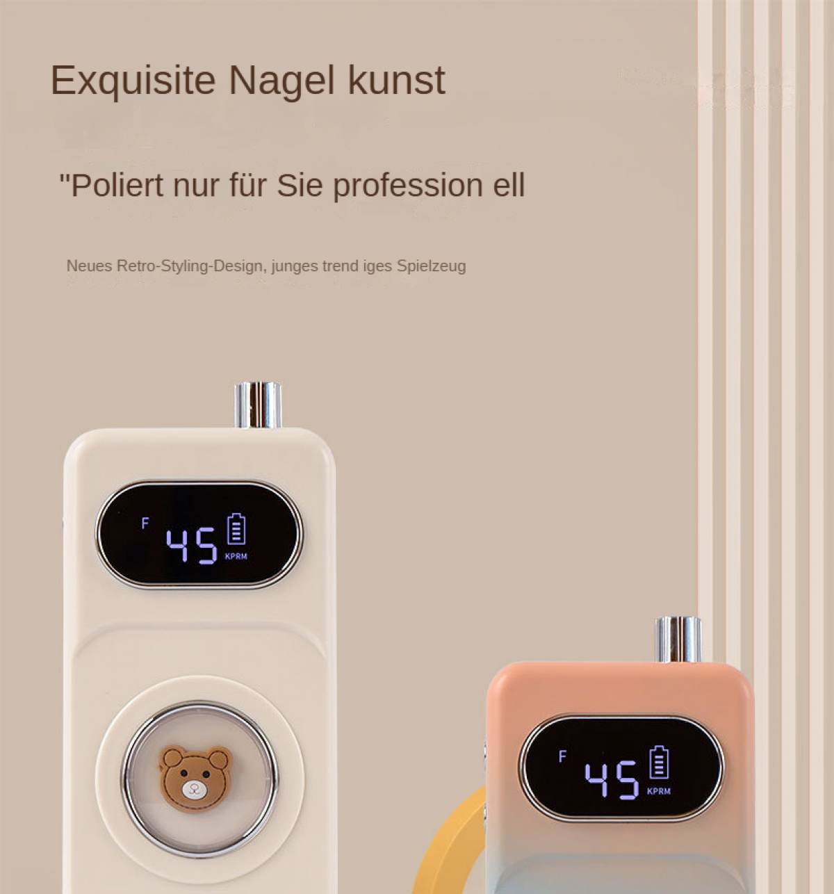 Zwei cremefarbene und pfirsichfarbene Geräte mit Digitalanzeigen, die '45' und Batteriesymbole anzeigen. Eines hat ein Bärengesicht.