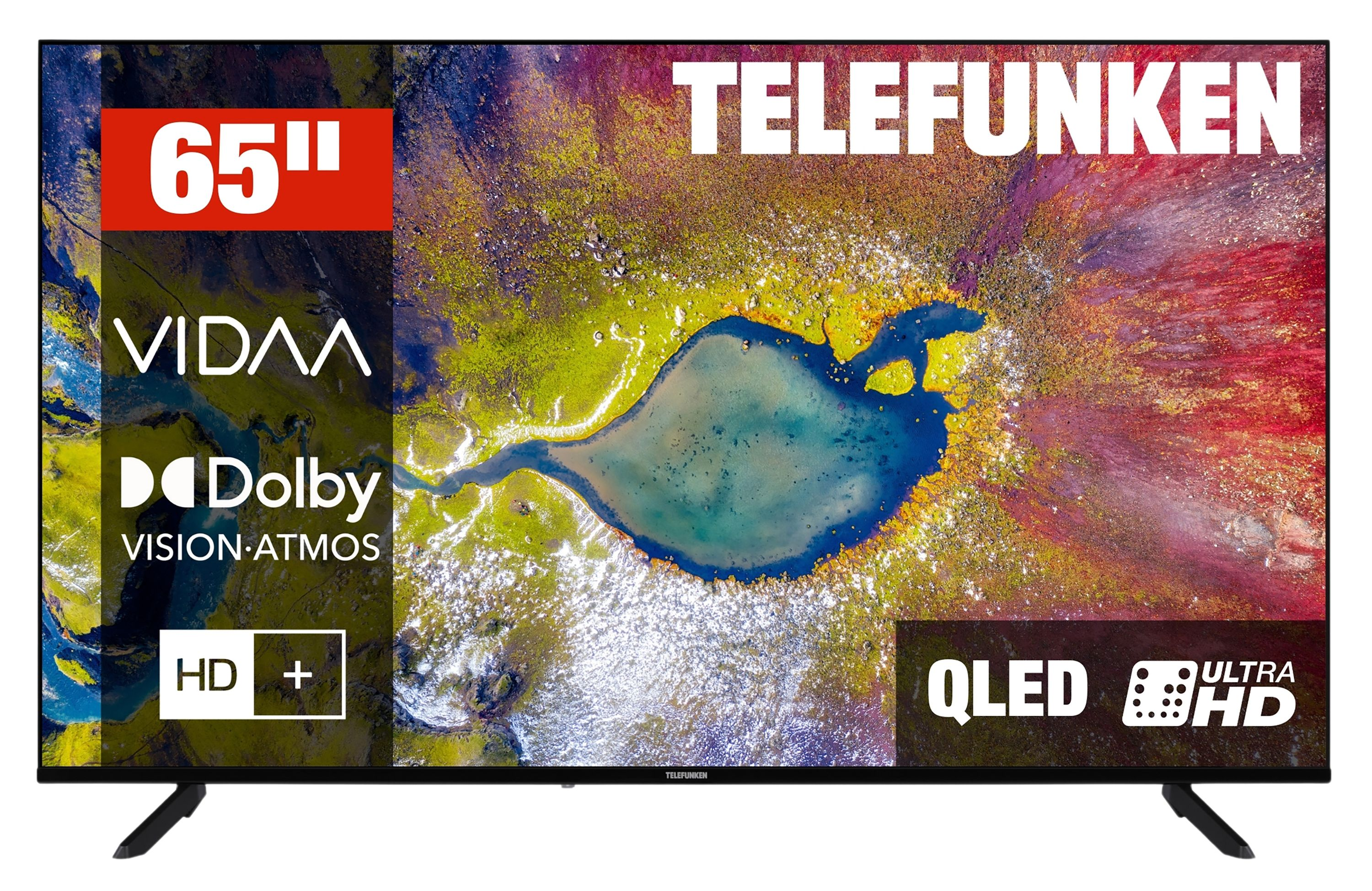 Ein 65-Zoll-Telefunken-Fernseher. Zu den Merkmalen gehören Vidaa, Dolby Vision Atmos, HD+, QLED und Ultra HD.