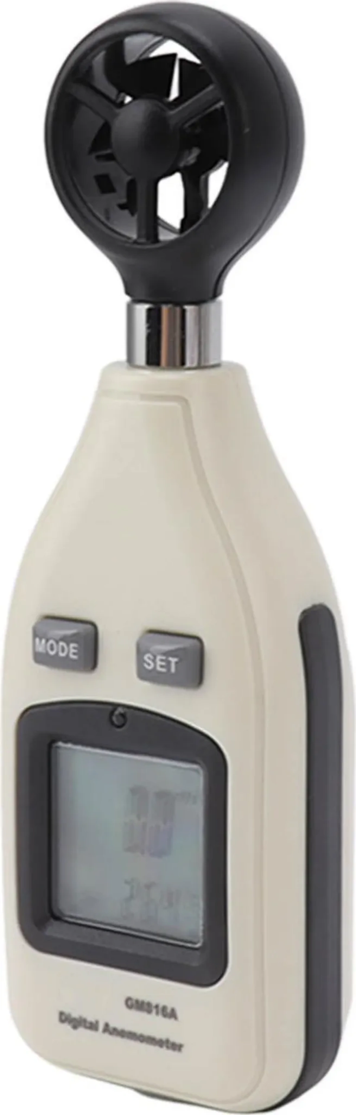 Ein digitales Anemometer. Es hat einen rotierenden schwarzen Kopf, ein Display und Knöpfe. Der Körper ist beige.