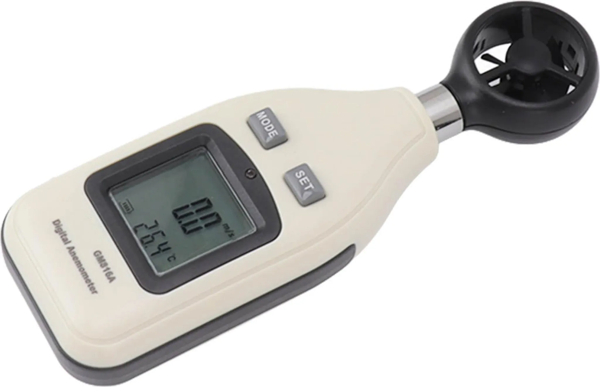 Ein Anemometer. Ein weißes Gerät mit Digitalanzeige, Knöpfen und einem schwarzen rotierenden Lüfter am Ende.