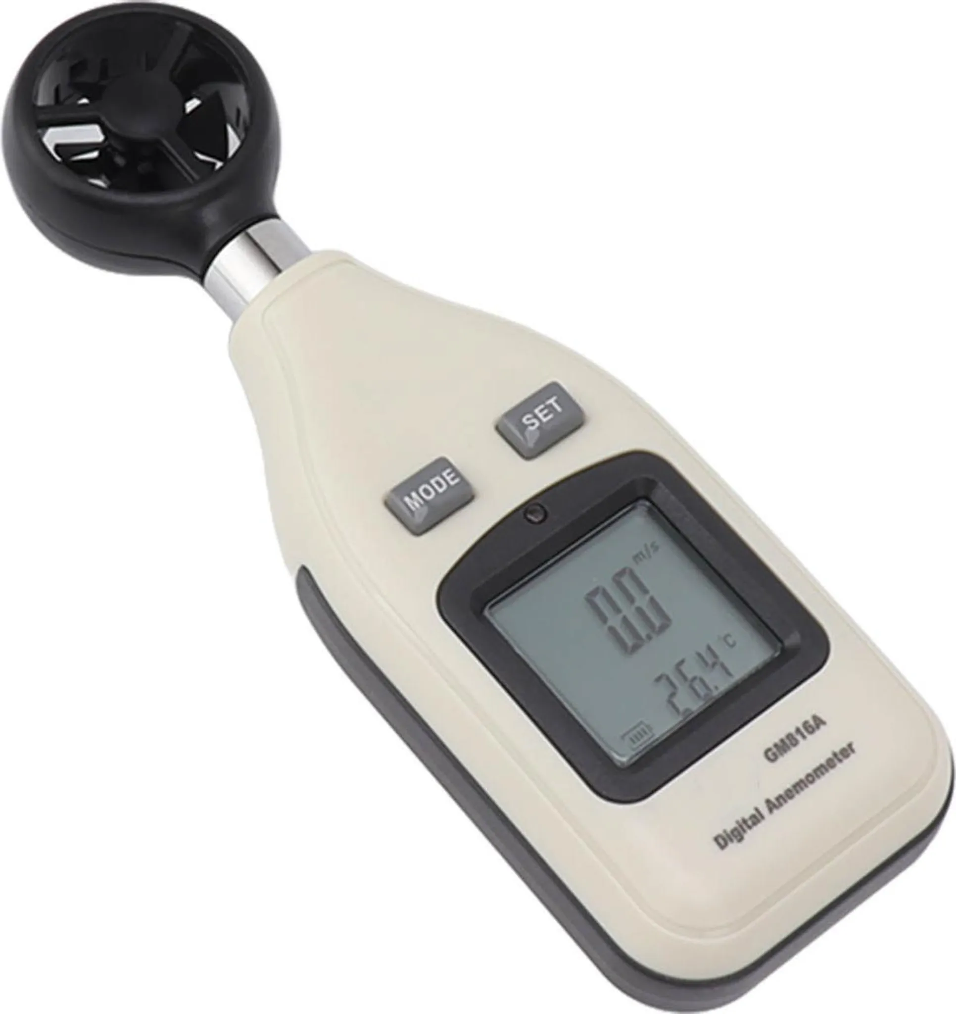 Ein digitales Anemometer, weißes Gehäuse mit schwarzem Lüfter, zeigt Windgeschwindigkeit und Temperatur an.