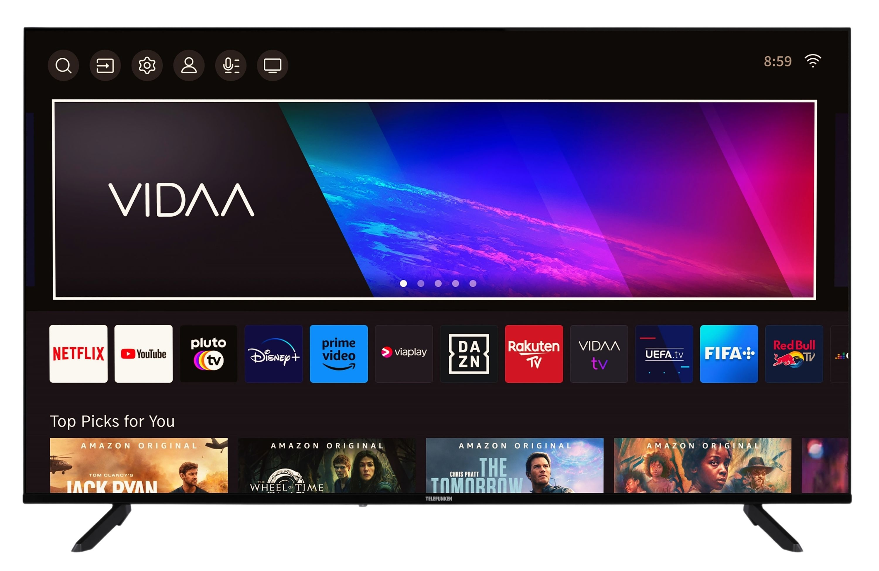 Ein Fernsehbildschirm zeigt Apps wie Netflix und YouTube sowie Amazon Originals. Der Hintergrund ist ein Blau-Rot-Verlauf.