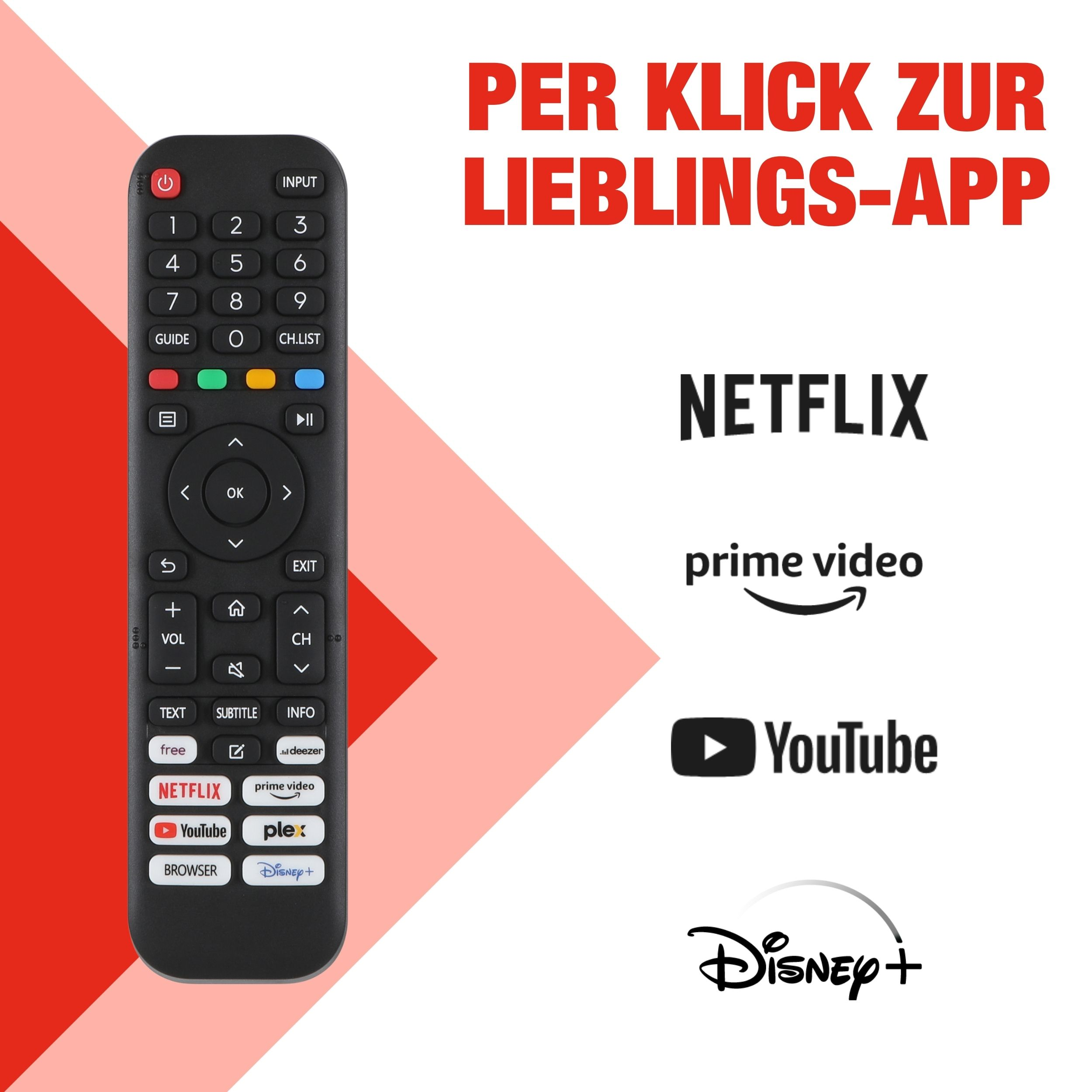 Schwarze TV-Fernbedienung mit Knöpfen. Netflix, Prime Video, YouTube und Disney+ Logos werden angezeigt.