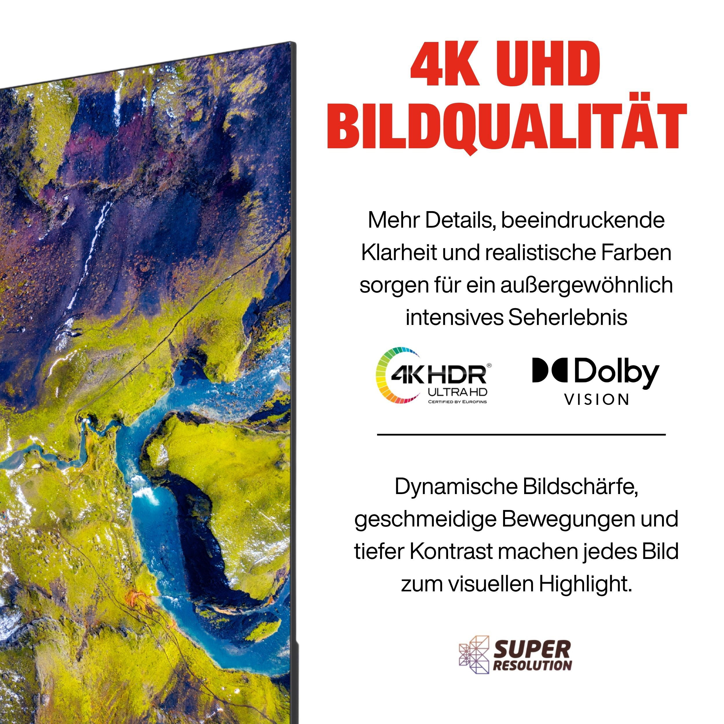 Fernsehbildschirm mit einer Landschaft aus grünen, blauen und violetten Farben. Text: '4K UHD Bildqualität'.