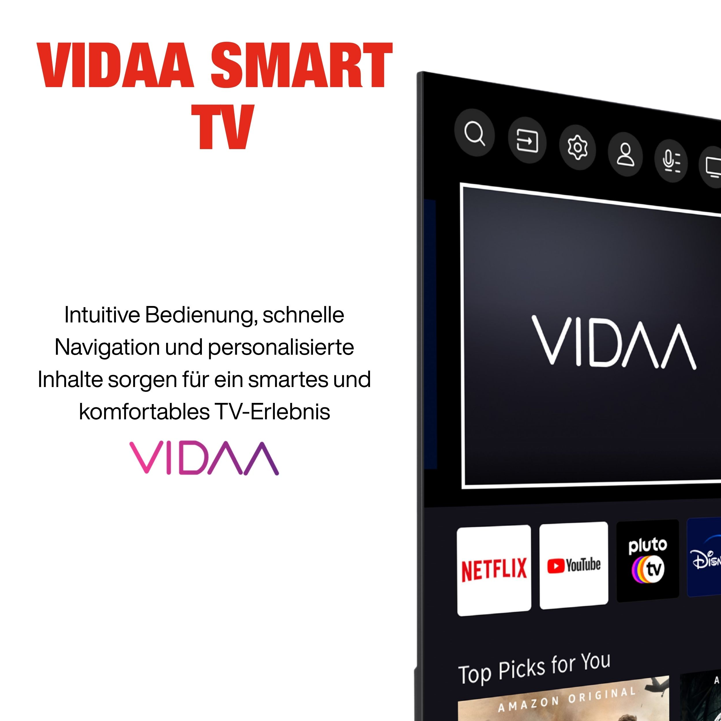 Ein Smart-TV-Bildschirm zeigt das Vidaa-Logo und App-Symbole. Der Text lautet intuitive Bedienung und personalisierte Inhalte.