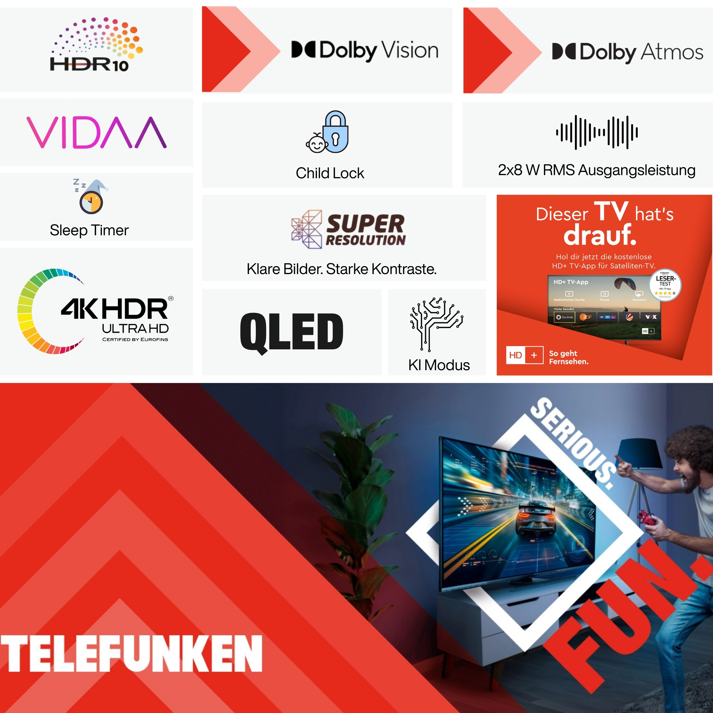 Eine TV-Werbung mit Logos, Funktionen und einem Mann, der ein Spiel auf einem großen Bildschirm mit dem Wort FUN spielt.