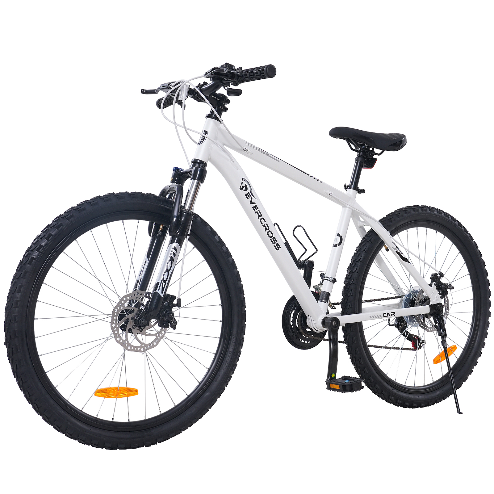 Weißes Mountainbike mit schwarzen Reifen, Sattel und Lenker. Hat Evercross-Logo und Scheibenbremsen. Isoliert auf weißem Hintergrund.