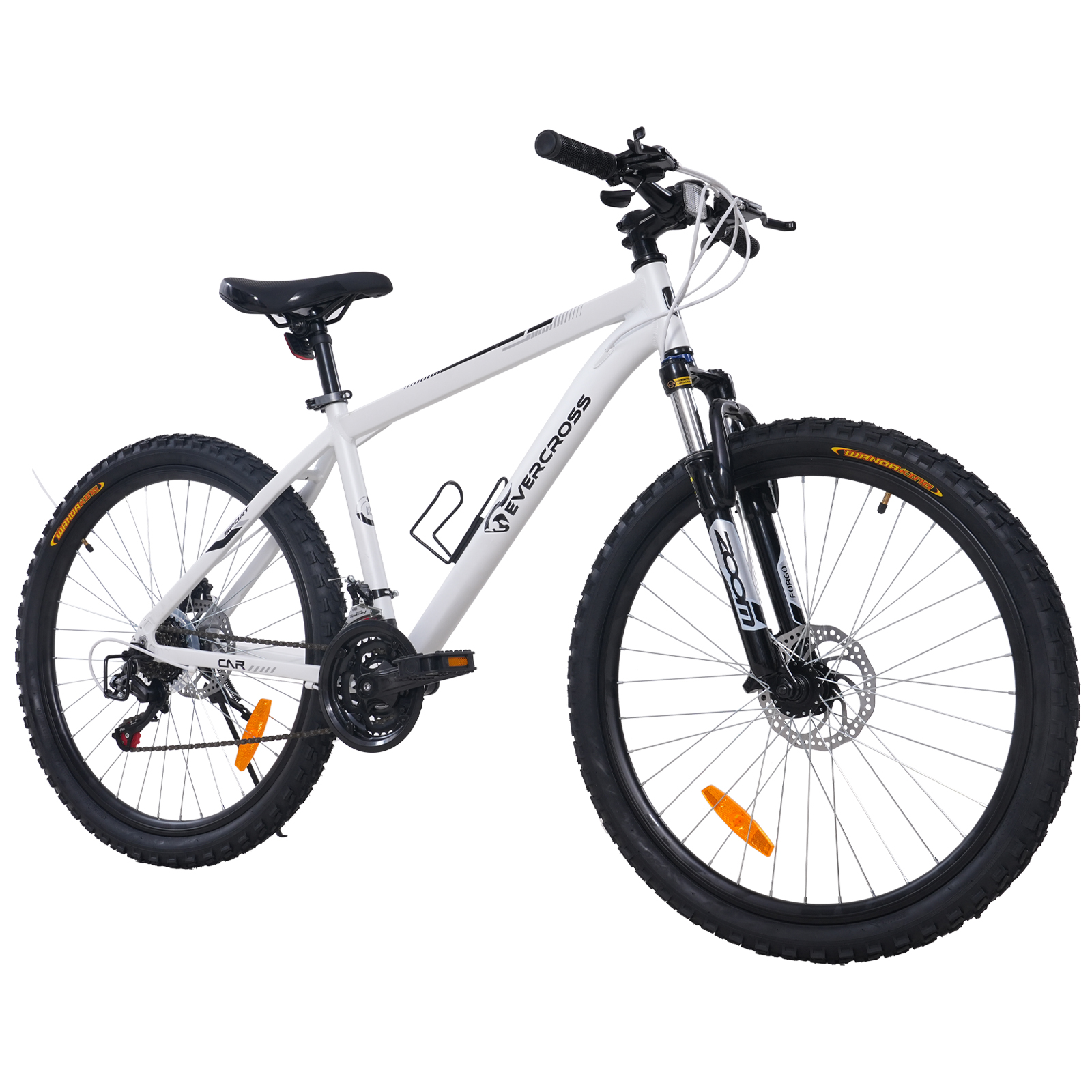 Weißes Evercross Mountainbike mit schwarzen Reifen, Sattel und Lenker. Orangefarbene Reflektoren und Flaschenhalter.