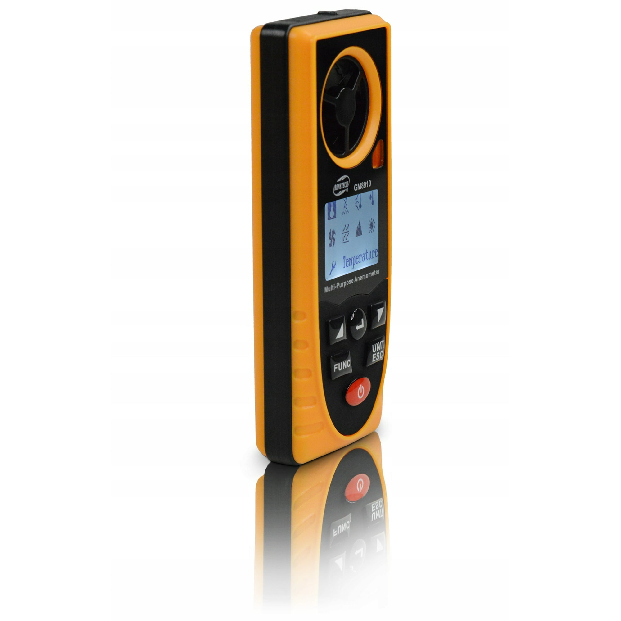 Ein orange-schwarzes Anemometer mit einem Bildschirm, der Temperatur, Symbole und Tasten anzeigt, sowie seine Spiegelung.