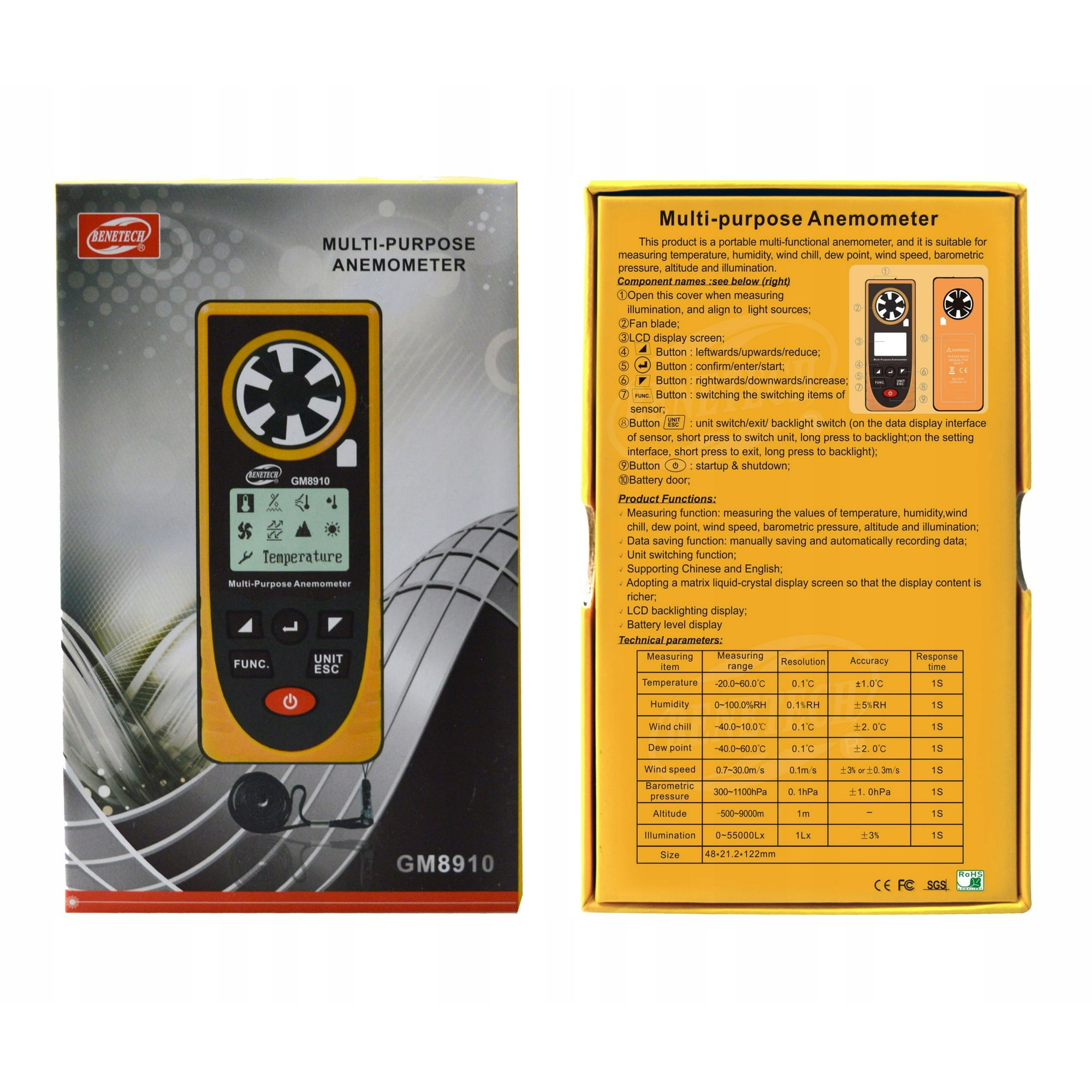 Anemometer-Box, Geräteanzeige. Text: Mehrzweck-Anemometer. Enthält Temperatur, Feuchtigkeit, Wind und Höhe.