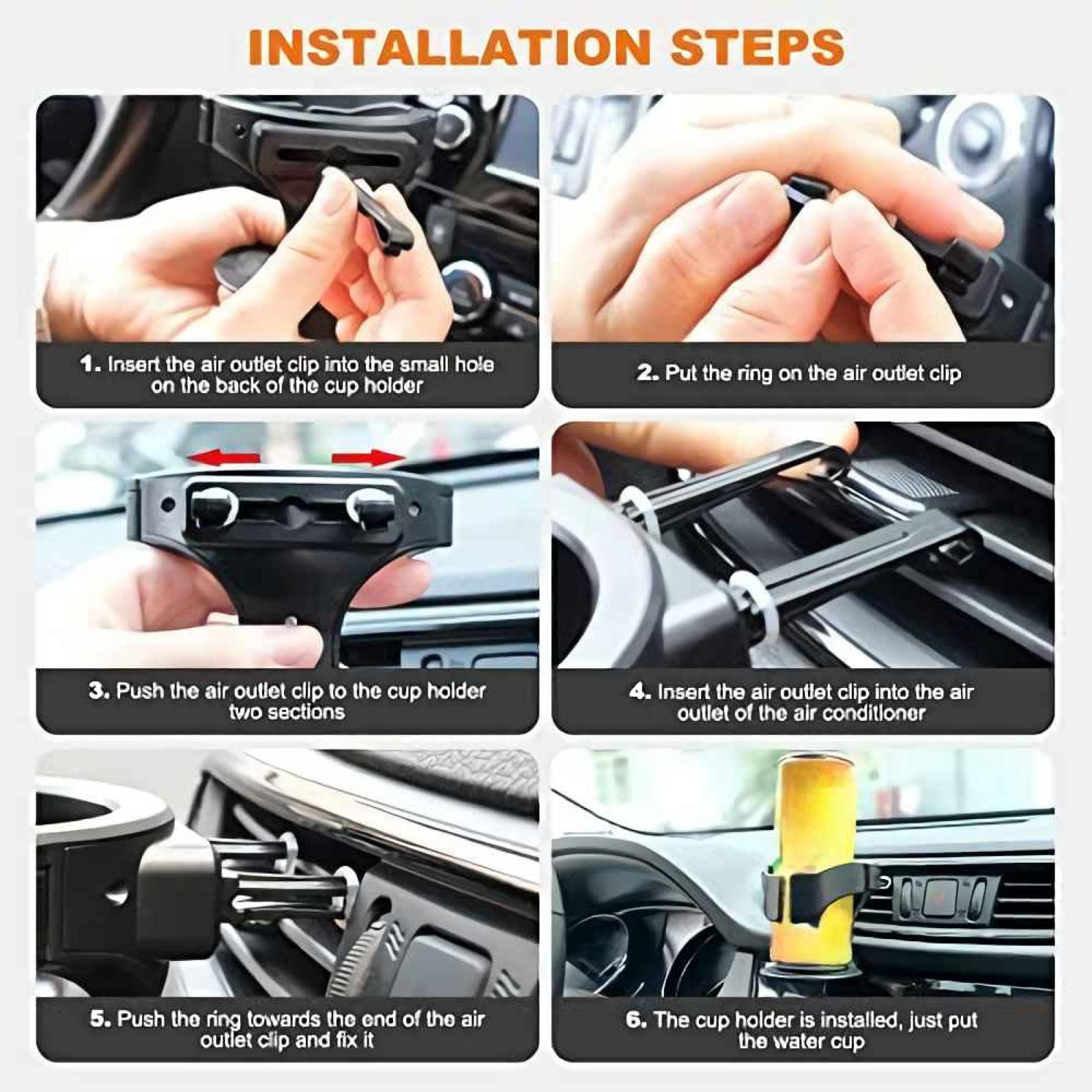 Installationsschritte für einen Auto-Getränkehalter. Hände zeigen das Anbringen von Teilen an der Lüftung.