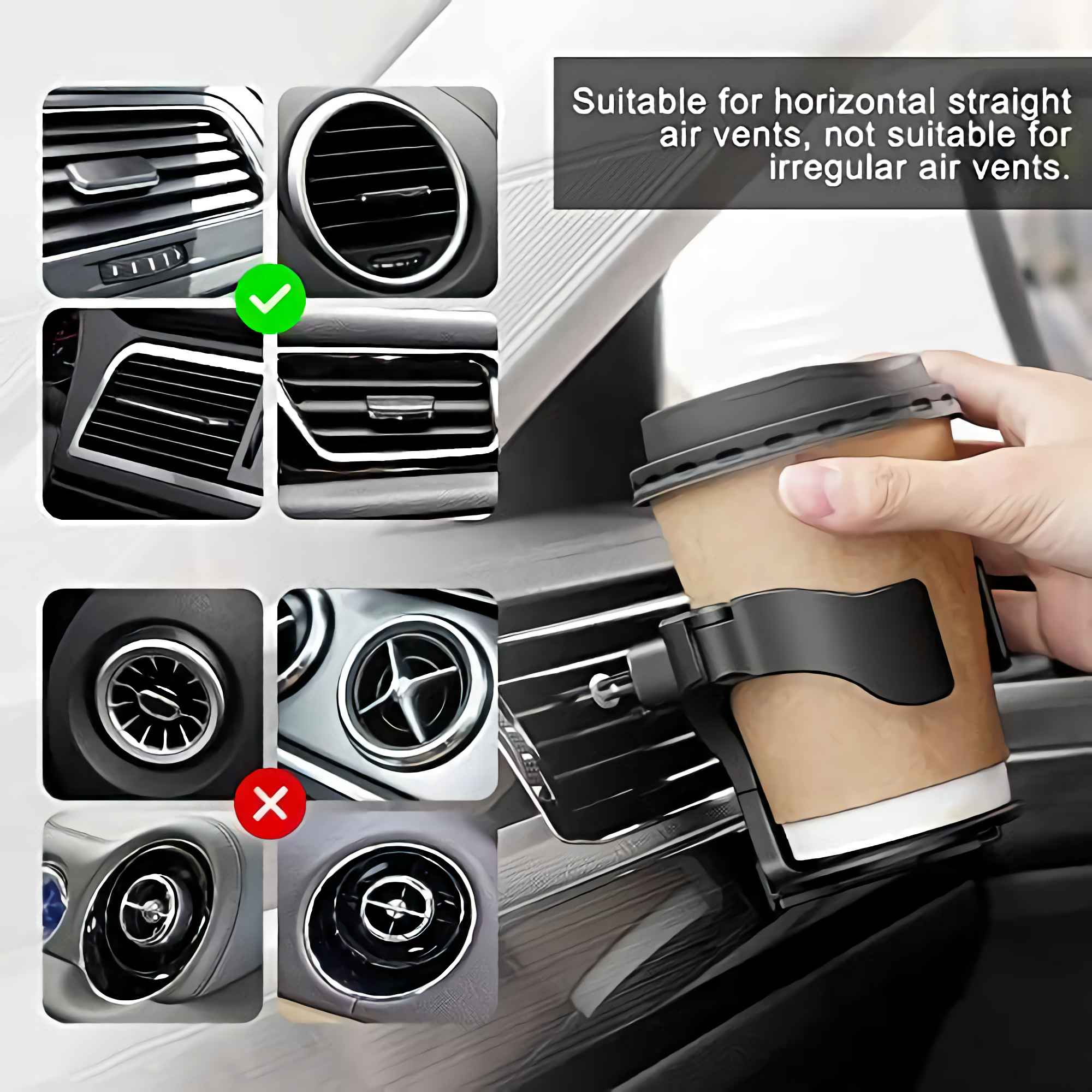 Das Bild zeigt Auto-Luftauslässe mit einem Getränkehalter, der eine Kaffeetasse hält, und Beispiele für passende und ungeeignete Auslässe.