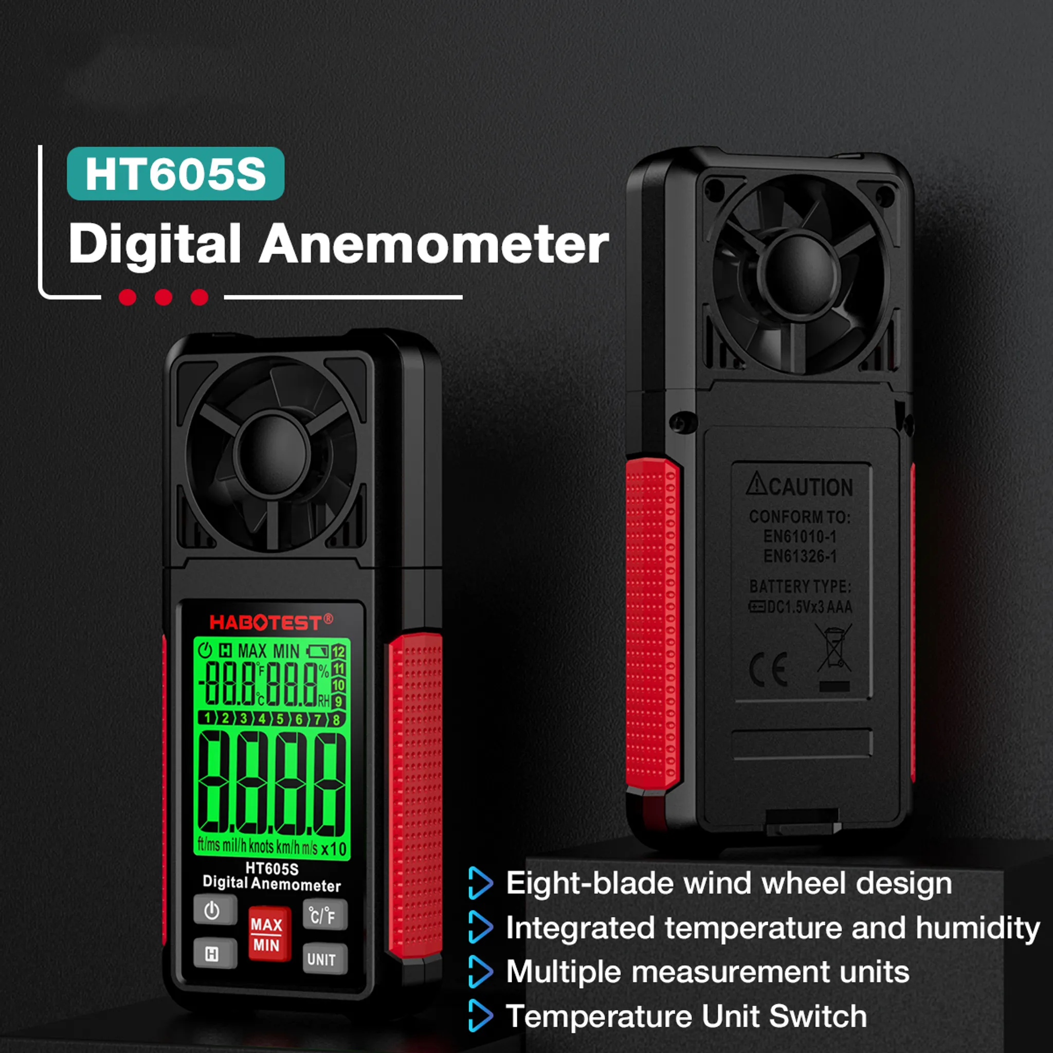 Digitales Anemometer mit Lüfter, Display und roten Akzenten. Text: HT605S Digitales Anemometer. Merkmale rechts.