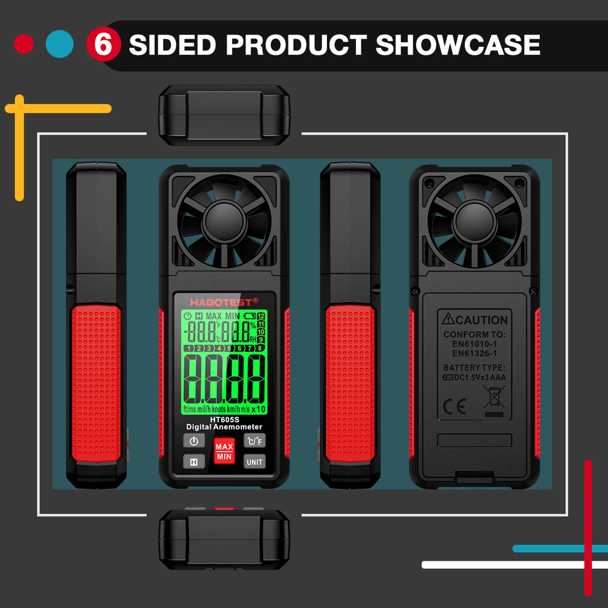 Sechsseitige Produktpräsentation. Anemometer mit Display, Knöpfen und Lüfter. Rotes und schwarzes Farbschema. Text: HABOTEST, HT605S.