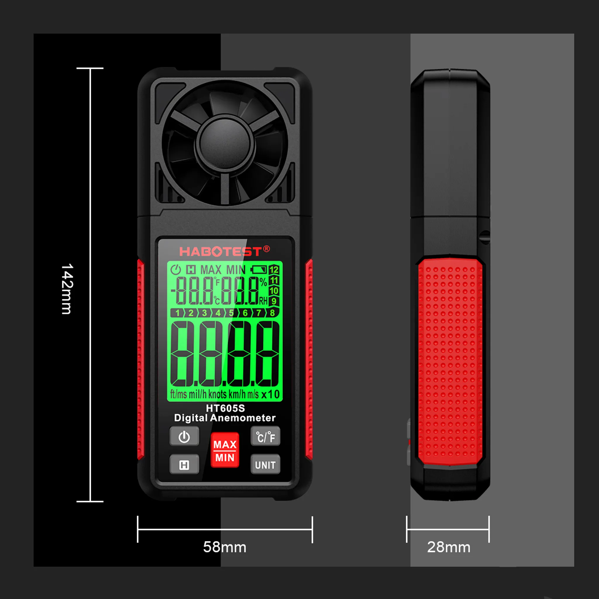 Anemometer mit Display mit Zahlen. Es hat einen Lüfter oben und rote Knöpfe. Abmessungen werden angezeigt.