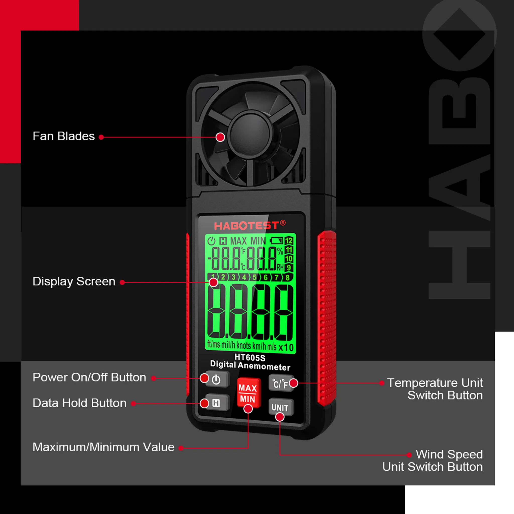 Ein schwarzes digitales Anemometer mit Display. Es hat Knöpfe und einen Ventilator. Der Hintergrund ist schwarz und rot.