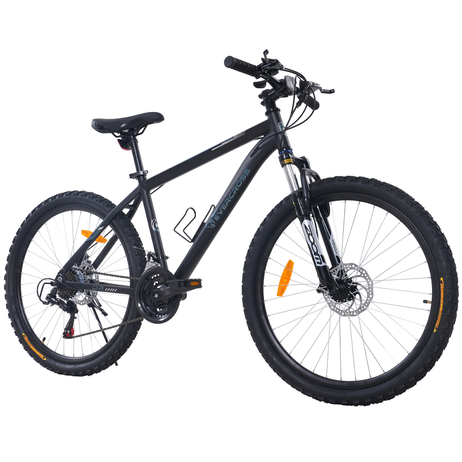 Schwarzes Mountainbike, Marke Evercross, mit schwarzen Reifen und Scheibenbremsen. Orangefarbene Reflektoren sind sichtbar.