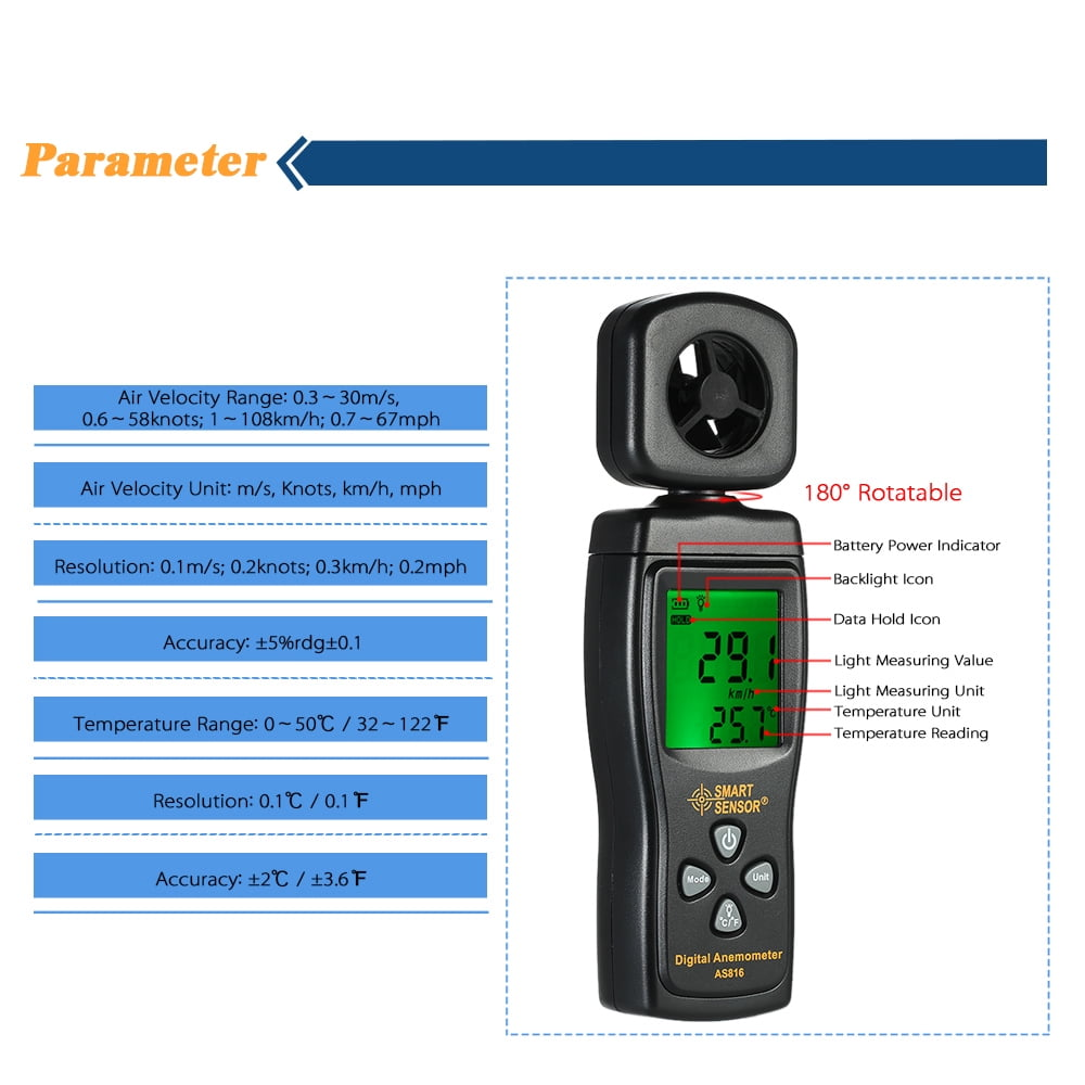 Anemometer mit Digitalanzeige, die Windgeschwindigkeit, Temperatur und verwandte Parameter anzeigt. Enthält einen drehbaren Kopf und Funktionstasten.