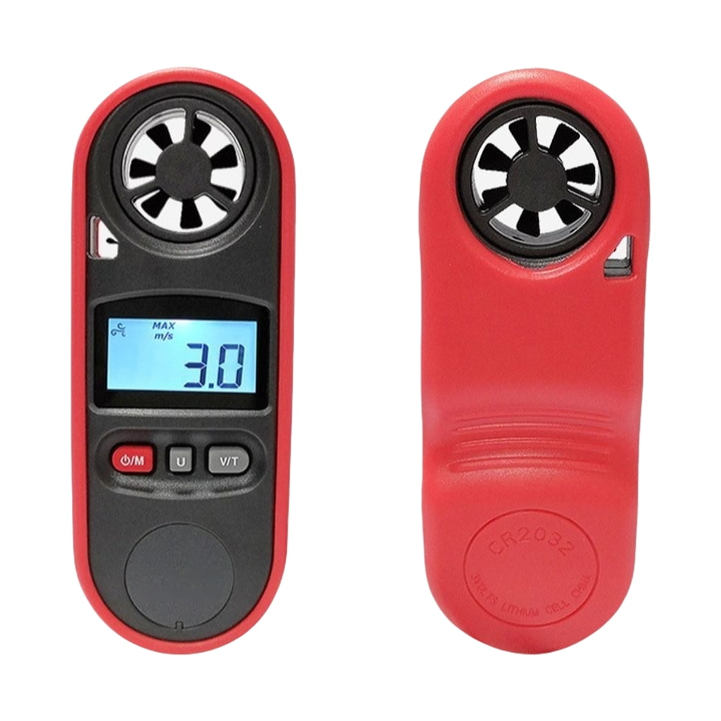 Zwei rote und schwarze Anemometer. Eines zeigt ein Display mit 3,0 m/s. Das andere zeigt die Rückseite mit einem Batteriefach.